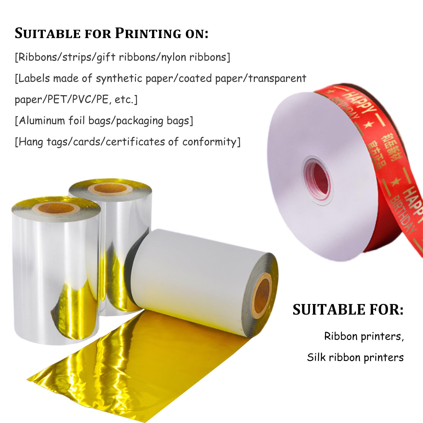 Thermotransferband mit hoher Dichte für Drucker, kompatibel mit synthetischem Papier, PET, Stoffetiketten, 100 m Länge