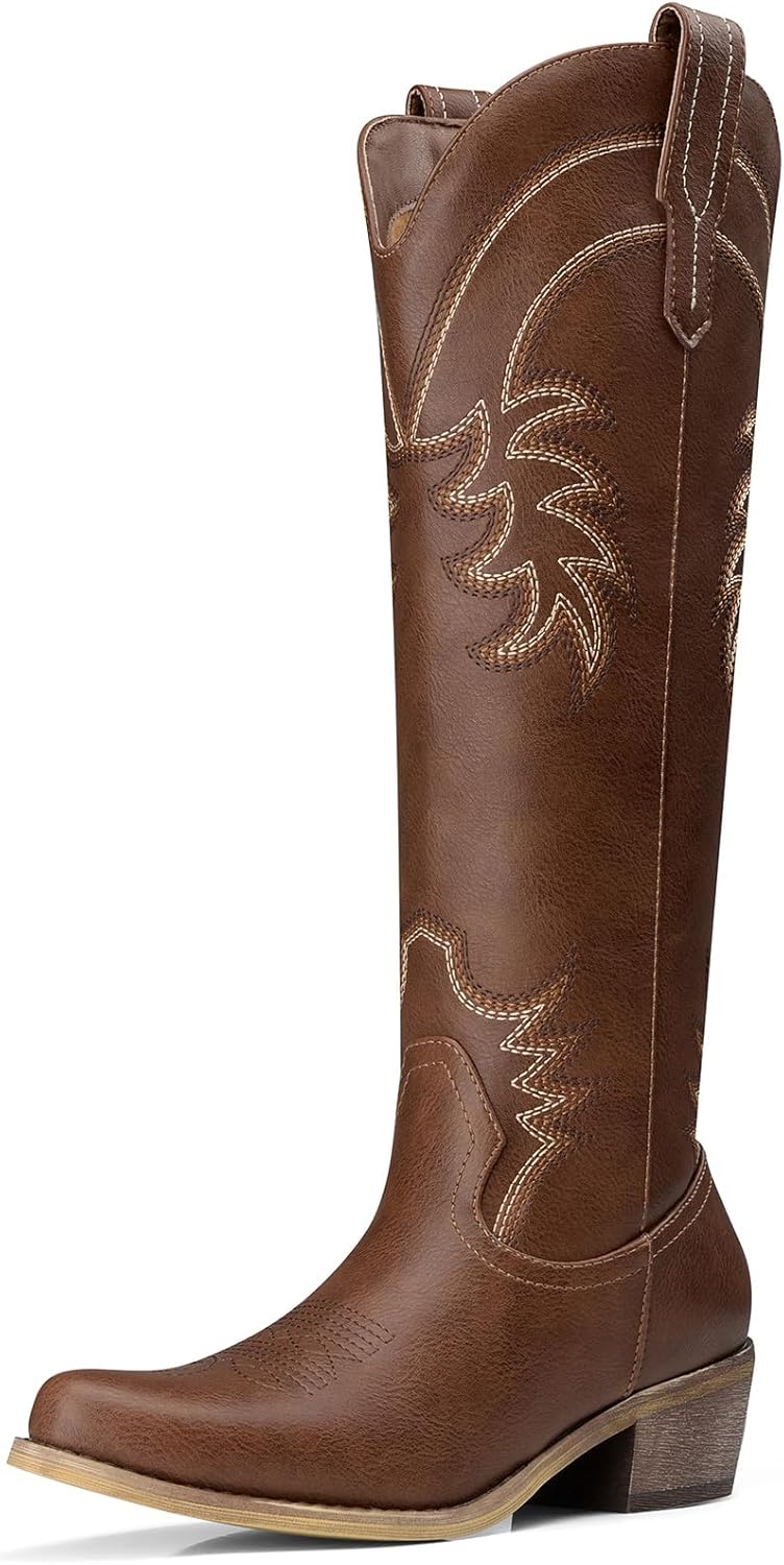 TEMOFON Western Cowboy Boots for Women: Comfortable Pointed Toe Knee High Cowgirl Boots with Chunky Low Heel Tall Boot for Ladies Country Concert Party Outfits