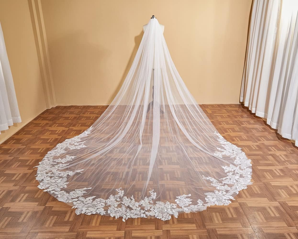 EllieWely 1 T Cathedral Length Sequin Lace Wedding Bridal Veil With Metal Comb F22