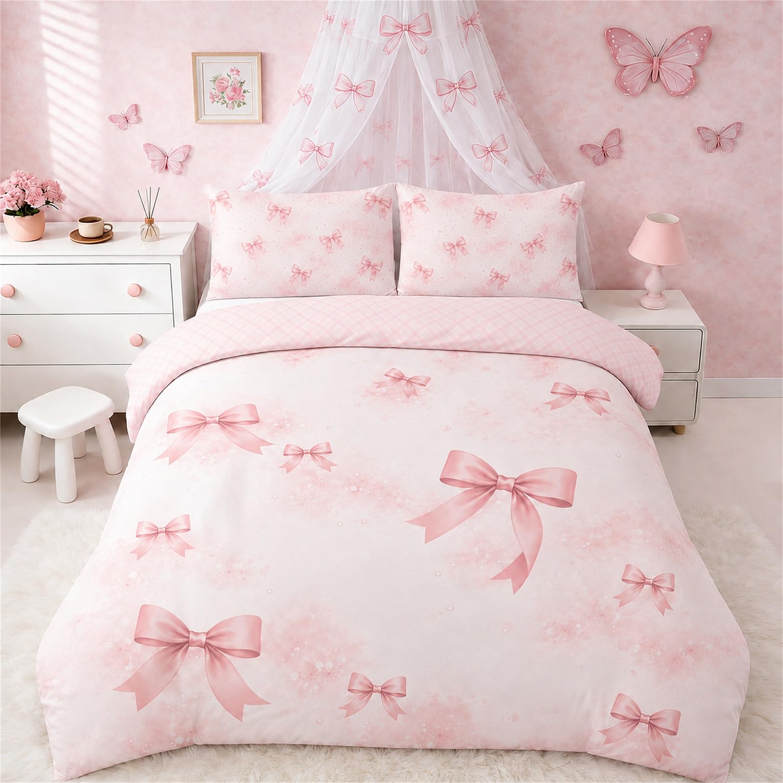 Vryxel Girls Kids Cute Bow Bedding Double Duvet Cover Set Bed Zipper Pink 200 x 200 CM