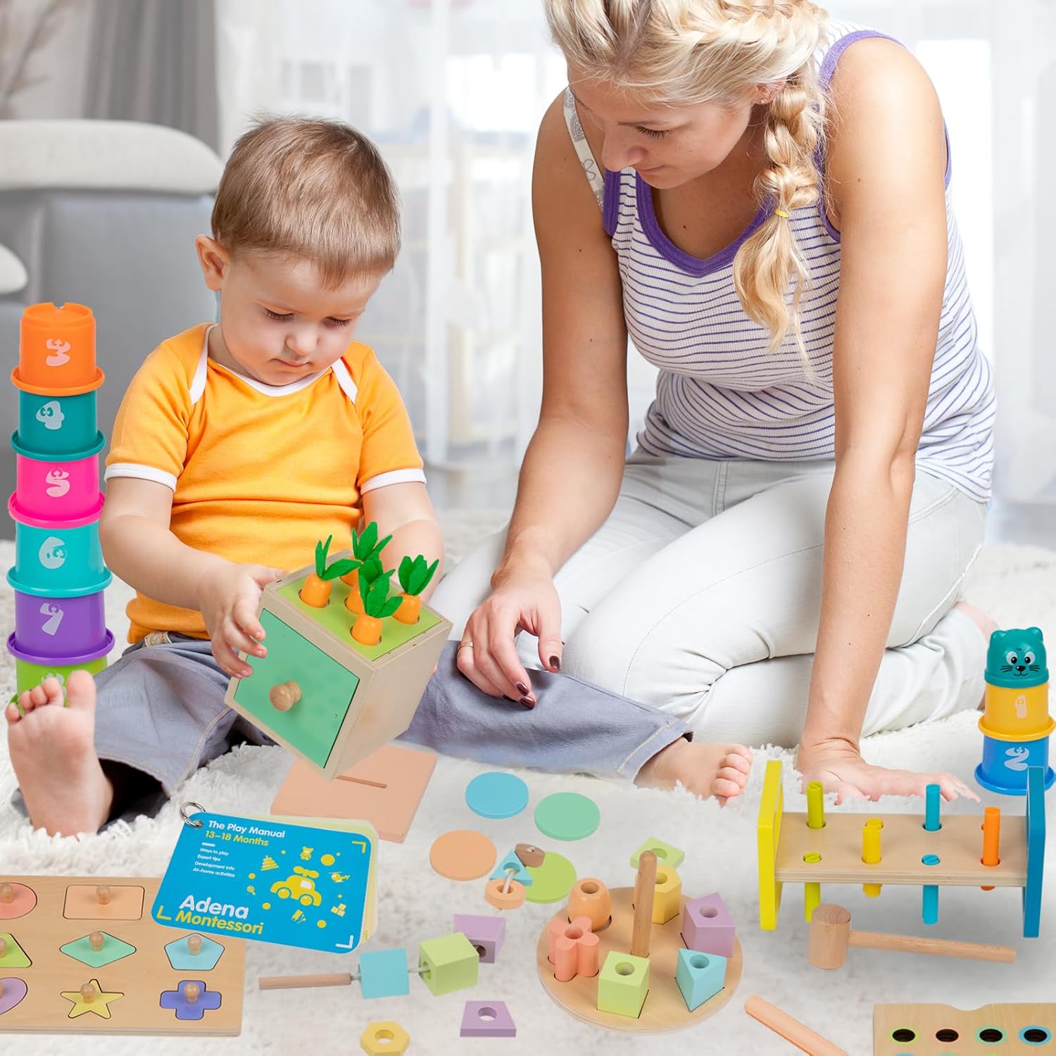 Adena Montessori Play Kit for 13-18 Month Baby,8 in 1 Toy,Colorful Stacking&Nesting Cup,Coin Bank,Coins,Carrots Lid,Carrots,Posting Lid,Flexble Stacker,Bead Kit,Shape Puzzle,Pound&Tap Hammer Bench