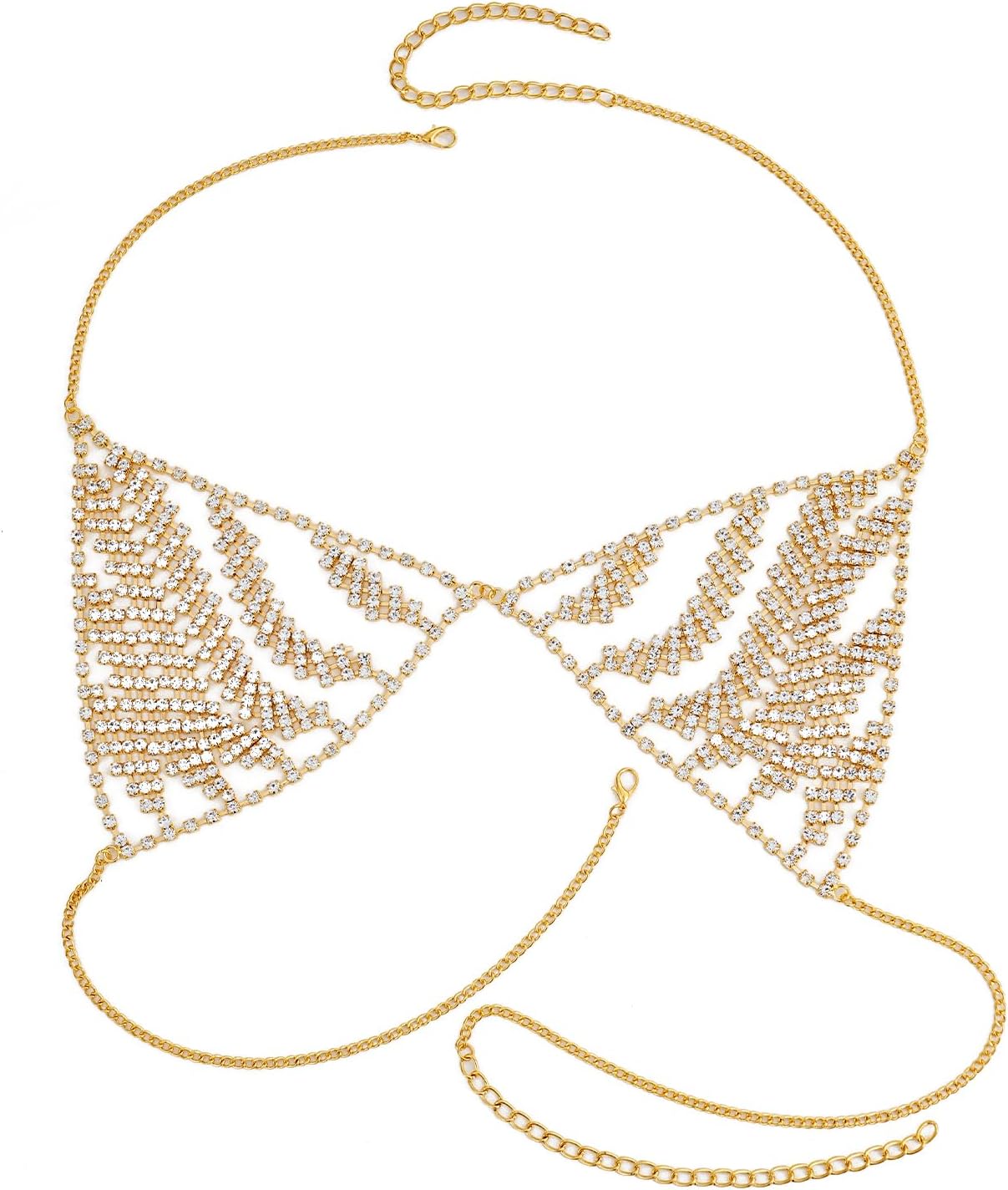 Gold Rhinestone Body Chain Bra, Sparkling Crystal Halter Bralette，Reusable Multi Layer Chest Top for Dance Carnival Festival