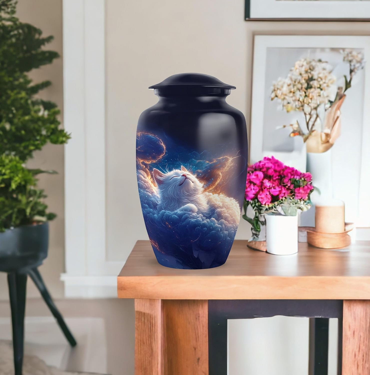 White Cat Urn - Blue Urn for Ashes Adult Female - Large Urns for Human Ashes Adult Man - Small Cremation Keepsakes for Dad- Blue Urns for Women & Men - Ash Holders (Combo of 5, 10" & 3")