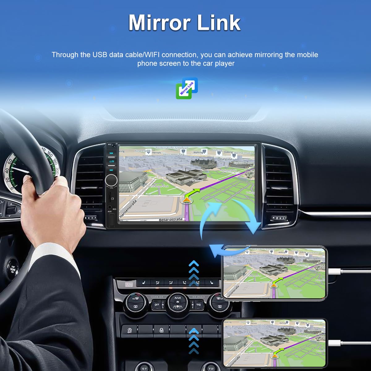 7 "2 Din Carplay Android Auto Radio samochodowe Bluetooth Mirror Link Ekran dotykowy Audio Stereo MP5 Odtwarzacz multimedialny Kierownica FM/TF/USB z pilotem