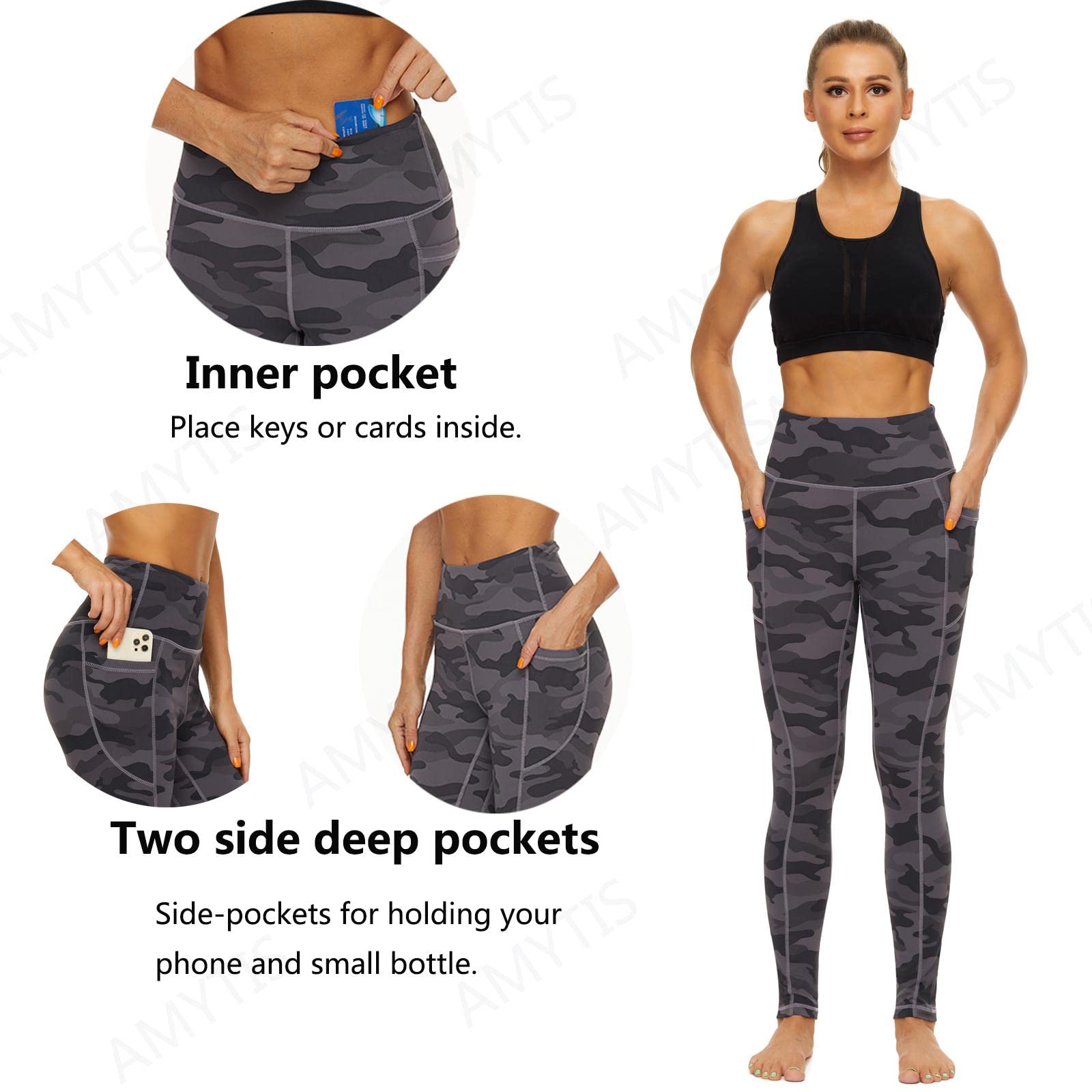 AMYTIS Sportowe legginsy damskie z wysokim stanem, spodnie do jogi z kieszeniami, długie spodnie sportowe, nieprzezroczyste, legginsy sportowe