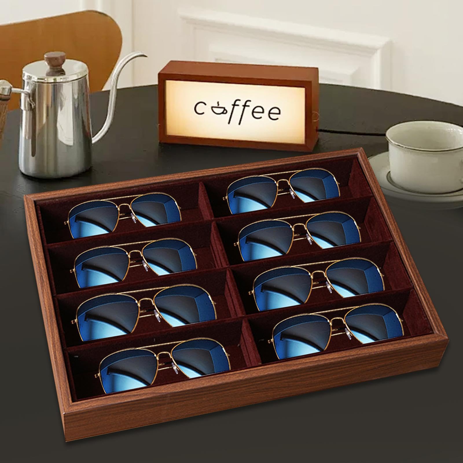 Étui de Rangement pour Lunettes de Soleil, Présentoir pour Lunettes de Soleil, Pouvant Contenir Plusieurs Paires de Lunettes, Bijoux Multi-usages, Mon, Noyer Sans Couvercle