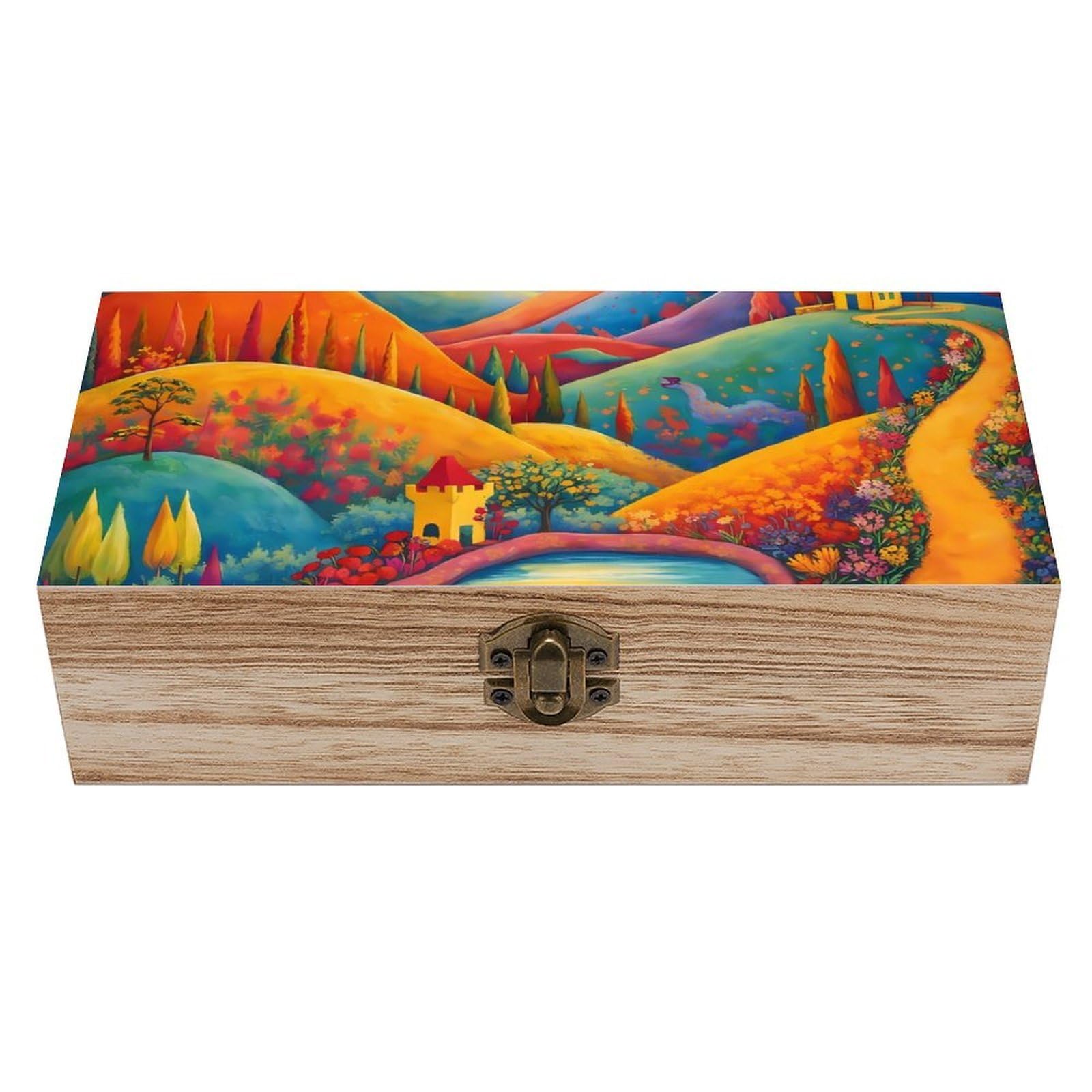 HLBSDM Colorful Red Cottage Landscape Art Wooden Storage Box
