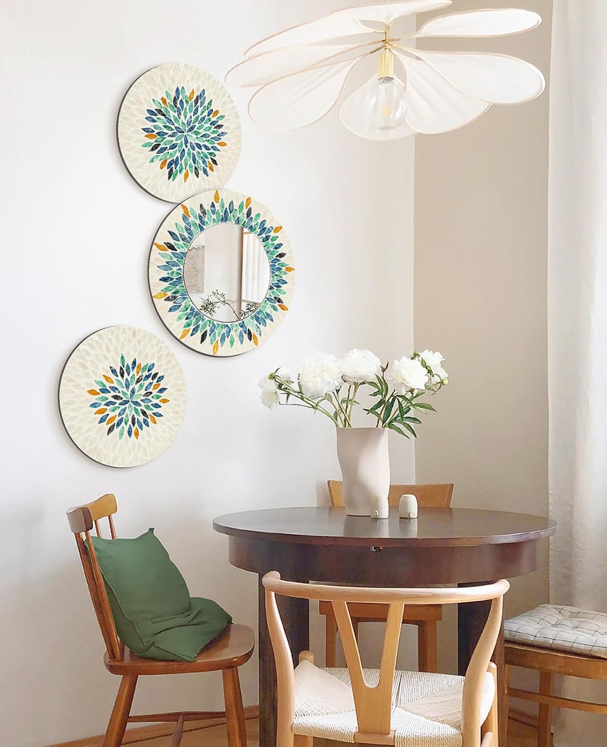 Jewel-Tone Mother of Pearl Mirror Wall Decor for Living Room, 3PCS Handmade Round Wall Art for Home Guest Room Decoration, Unique Mosaic Art Gift for Birthday Wedding Housewarming (Colored) - Image 5