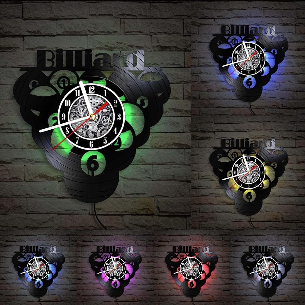 The Geeky Days Billiards Ball Pool LED Silent Vinyl Record Wall Clock 7 Color Light Luminous Hanging Watch Billiard Players Gift Game Room Decor