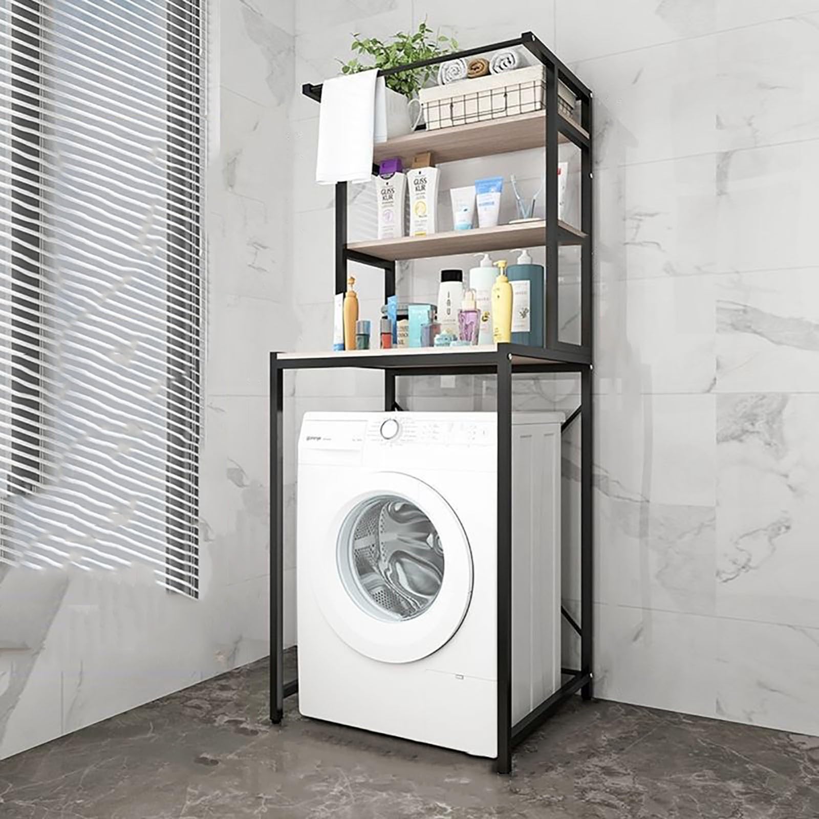 Waschmaschine überbau Regal 3-lagiges Waschmaschinen-Aufbewahrungsregal Platzsparer Badregal Ausgestattet mit Kleiderstange Verbesserte Materialien, starke Tragfähigkeit Einfache Montage B