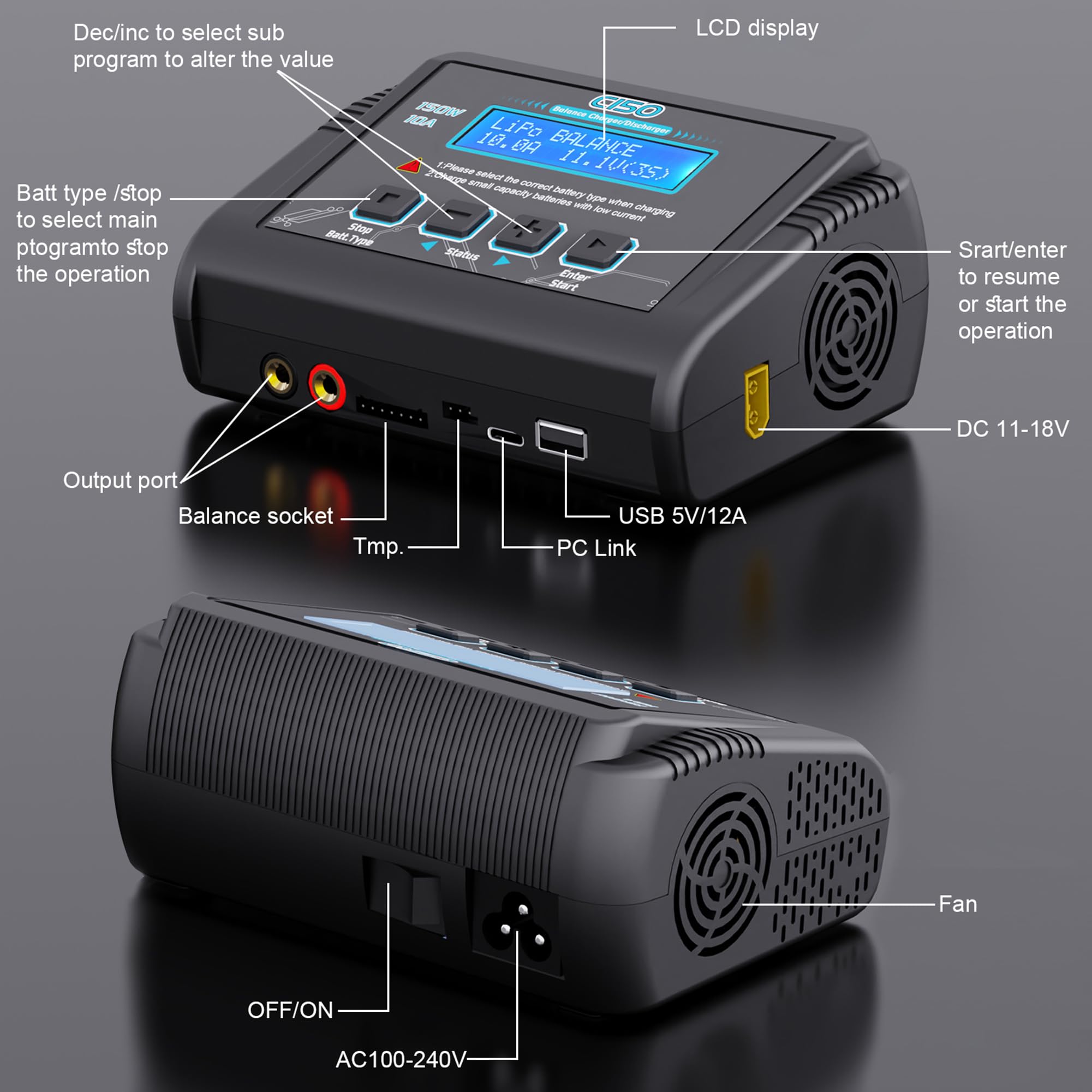 HTRC C150 Caricabatterie Lipo 150W 10A – Caricabatterie RC e Bilanciatore Batterie per LiHV/LiPo/Li-Ion/LiFe (1-6S), NiMH/NiCd (1-15S), PB (2-20V) – AC/DC, Display LCD, 20 Memorie