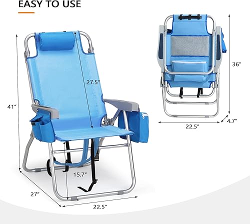 Miniatura 3 de VINGLI Paquete de 2 sillas de playa altas ligeras, mochila para adultos con 5 posiciones, bolsa refrigeradora, portavasos, toallero, sillas