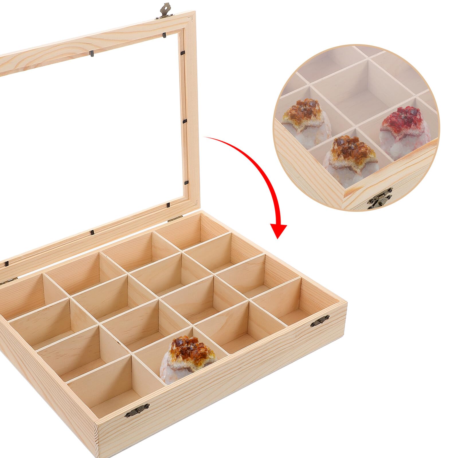 VALICLUD Contenitore per Pietre in Legno con Coperchio Trasparente Vetrina Scomparti per Campioni di Minerali e Cristalli Organizer per Collezionisti Principianti ed Esperti