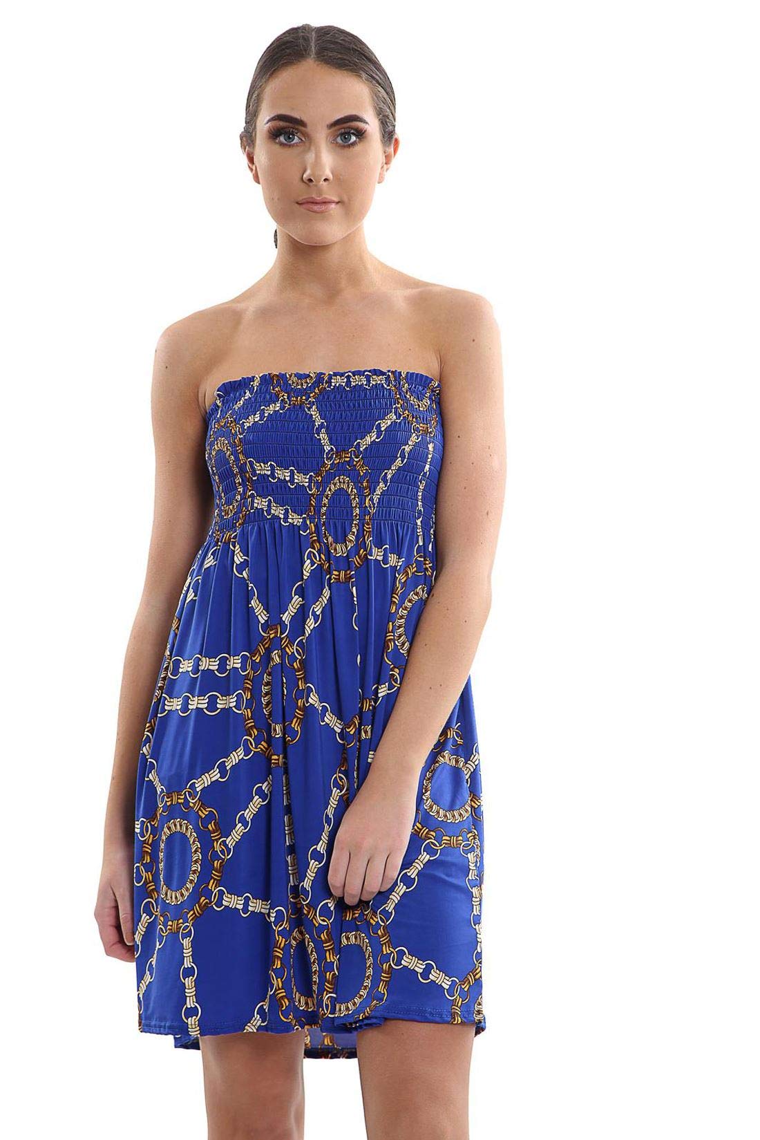 janisramone® Chic Ladies Summer Dress Boob Tube Sheering Printed Bandeau Dress - Stylish Strapless Ruched Gather Mini Summer Dresses for Women UK - Elegant Beach Dresses for Women UK