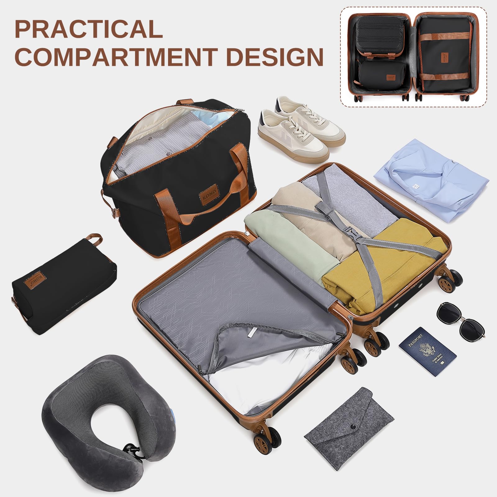 KONO Set di Valigie Trolley Rigido Bagaglio a Mano con 4 Ruote e Borsa da Toilette + Borsone da Viaggio Espandibile Palestra e Borsa da toilette, Nero/Marrone