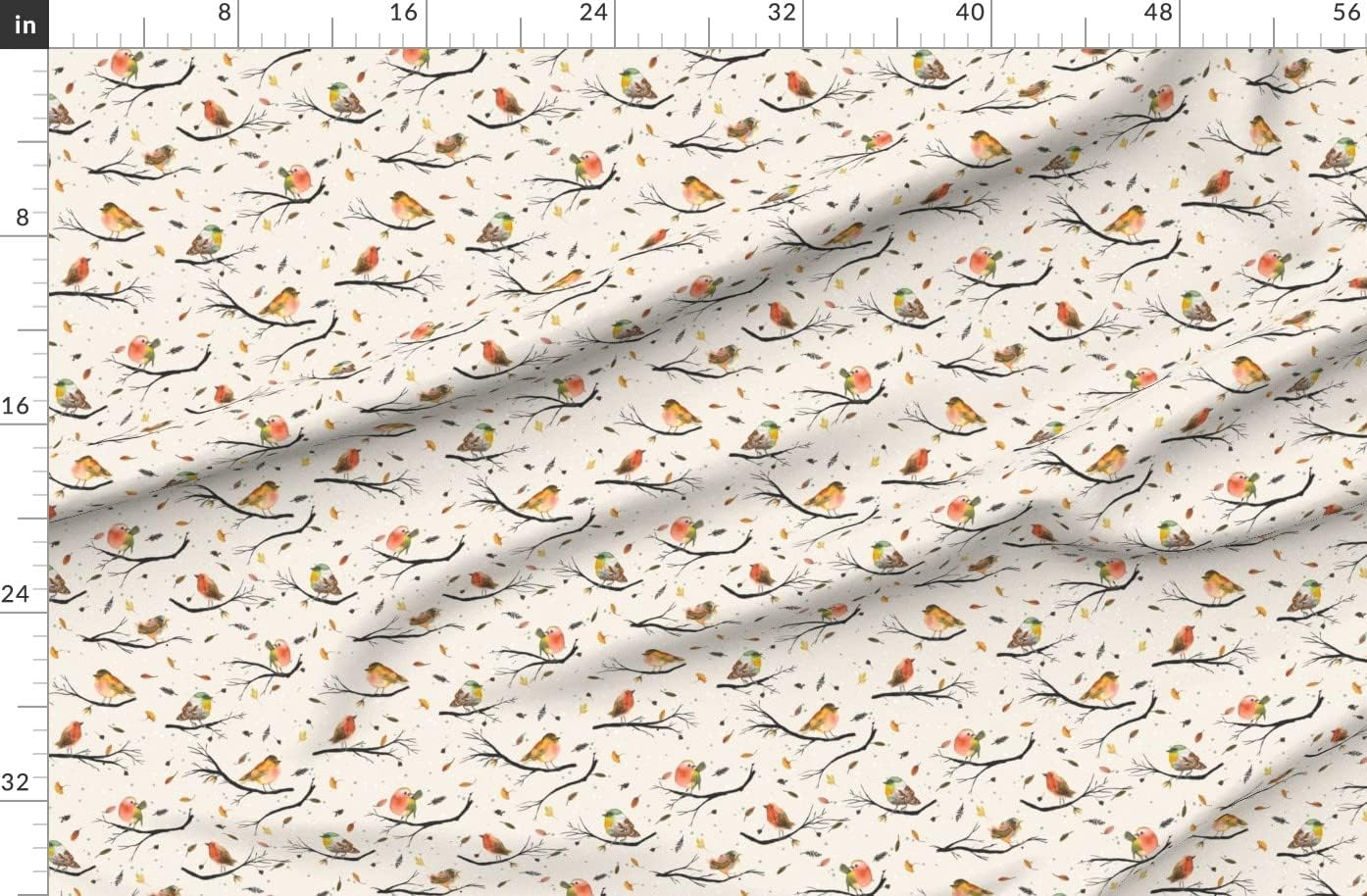 Spoonflower Fabric - Bird Branches Autumn Beige Cute Birds Woodland Animals Winter Printed on Organic Cotton Sateen Fabric by The Yard - Sewing Quilting Apparel Home Decor