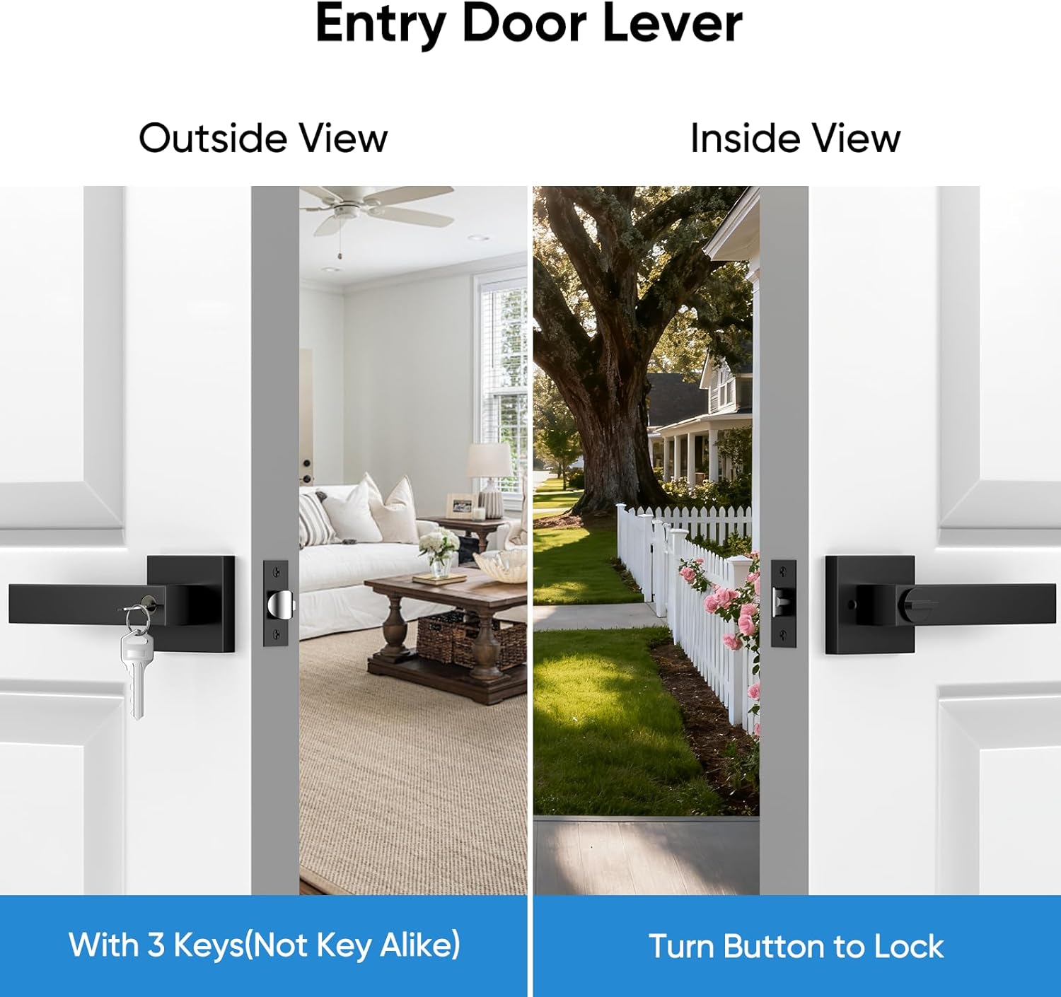 Exterior Door Handle, Keyed Entry Door Knobs, Black Door Handle, 10 Pack Heavy Duty Door Locks Set, Not Keyed Alike, Reversible Lever, for Bed/Bath/Front Door, Matte Black