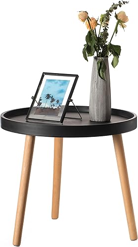 Mesa auxiliar redonda de plástico moderna con patas de madera de haya, color negro