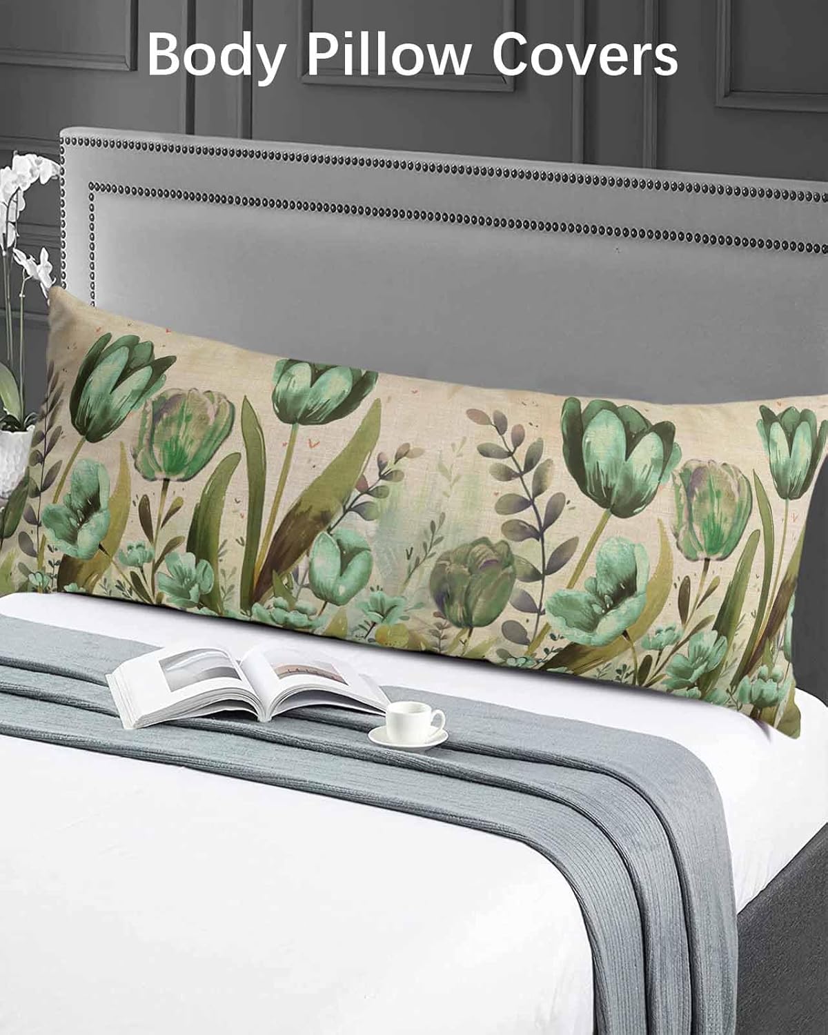 Green Spring Floral Body Pillow Case Cover, Decorative Bed Pillow Covers Protector, Summer Botanical Tulip Vintage Microfiber Throw Lumbar Pillowcase with Envelope Closure 20"x54"