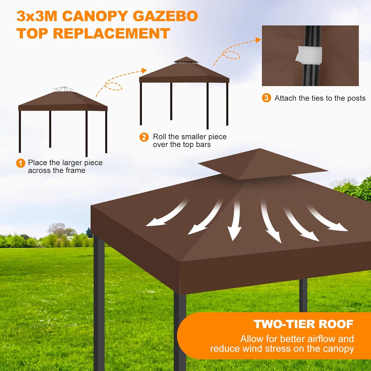 10x10 Canopy Replacement Top Cover Canopy Top Replacement Double Layer Vented Sunshade Cover Fits Standard 10'x10' Outdoor Gazebo Frame for Backyard/Patio/Garden Waterproof UV Resistant (Brown)