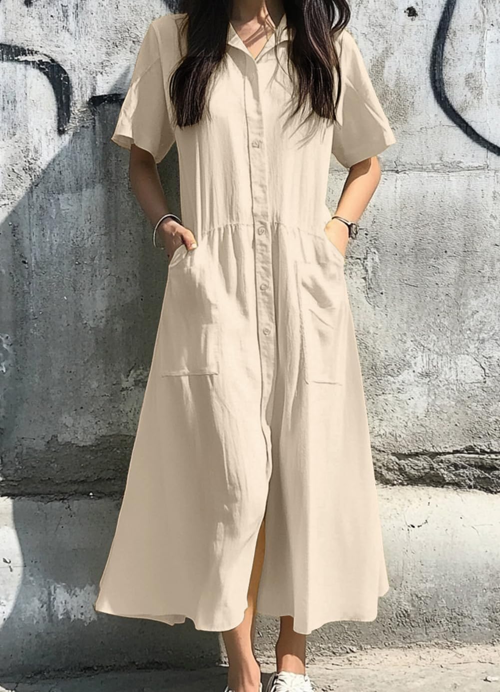 chouyatou Women's Summer Short Sleeve Button Down Shirt Dress A-Line Flared Maxi Long Beach Casual Dress - Image 2