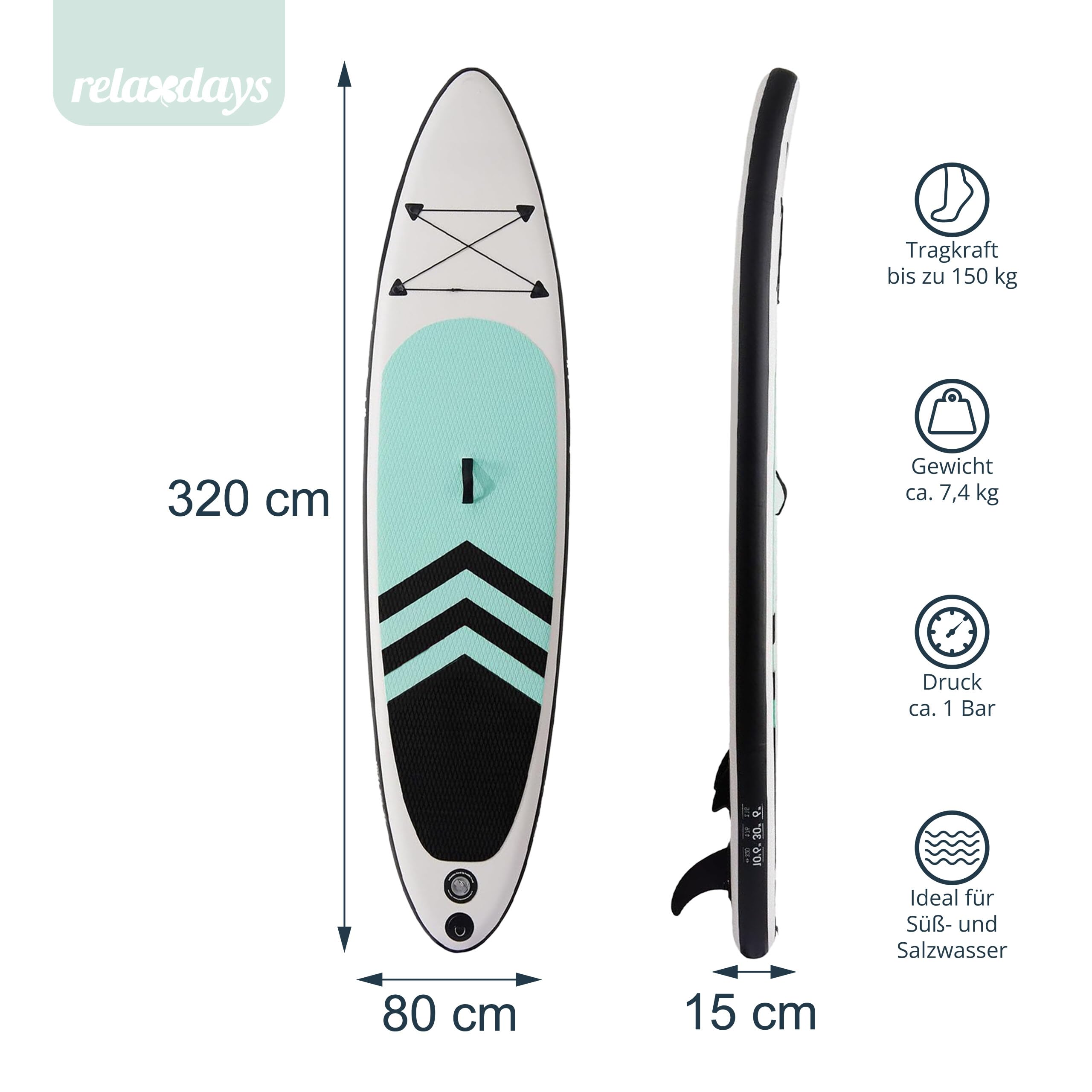 Relaxdays SUP Board aufblasbar, Set mit Paddel, Pumpe, Mehrfarbig | Paddelbrett, 150 kg, HBT: 15x80x320 cm, Drop-Stitch