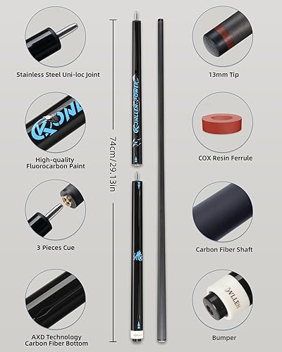 Miniatura 4 de KONLLEN Taco de piscina profesional 3 en 1 de fibra de carbono de 58 pulgadas con estuche rígido Deflexión baja eje de 0.496 in para romper y saltar