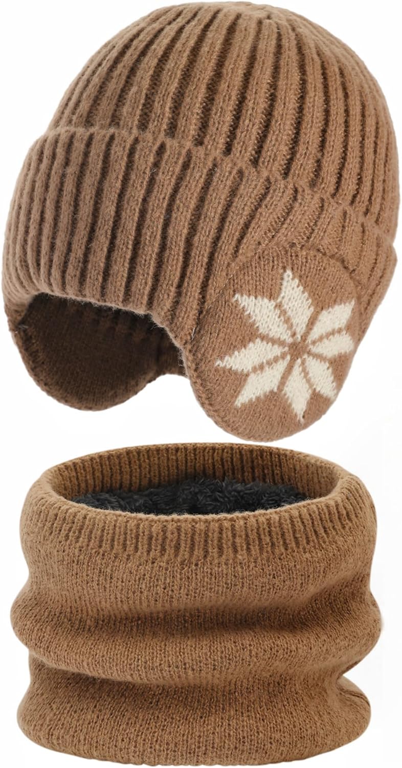 Mens Winter Beanie Hats Scarf Set - Winter Hats for Men, Beanie with Earflap for Men Fleece Hat Scarf Set
