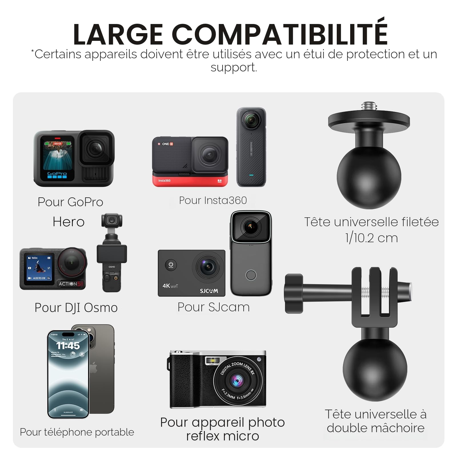 REYGEAK Support de caméra avec double tête sphérique à 360° avec vis 1/4, support de guidon de vélo avec double griffe pour GoPro Max Hero 13/12/11/10/9