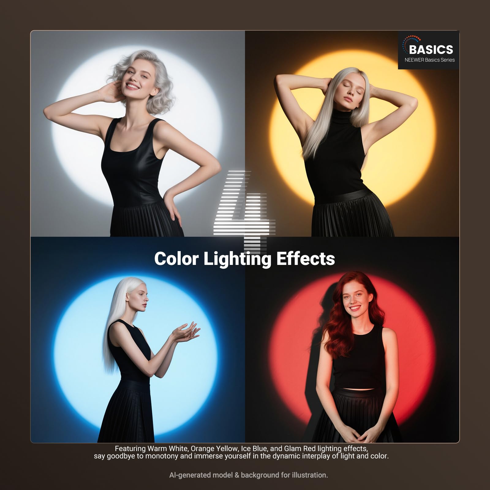 NEEWER BASICS latarka fotograficzna RGB ze statywem stołowym/4 kolorami/20 filtrów Gobo / 7500 mAh 10 W 6300 K CRI 95+ przenośny reflektor LED, światło punktowe, światło otoczenia do zachodu słońca
