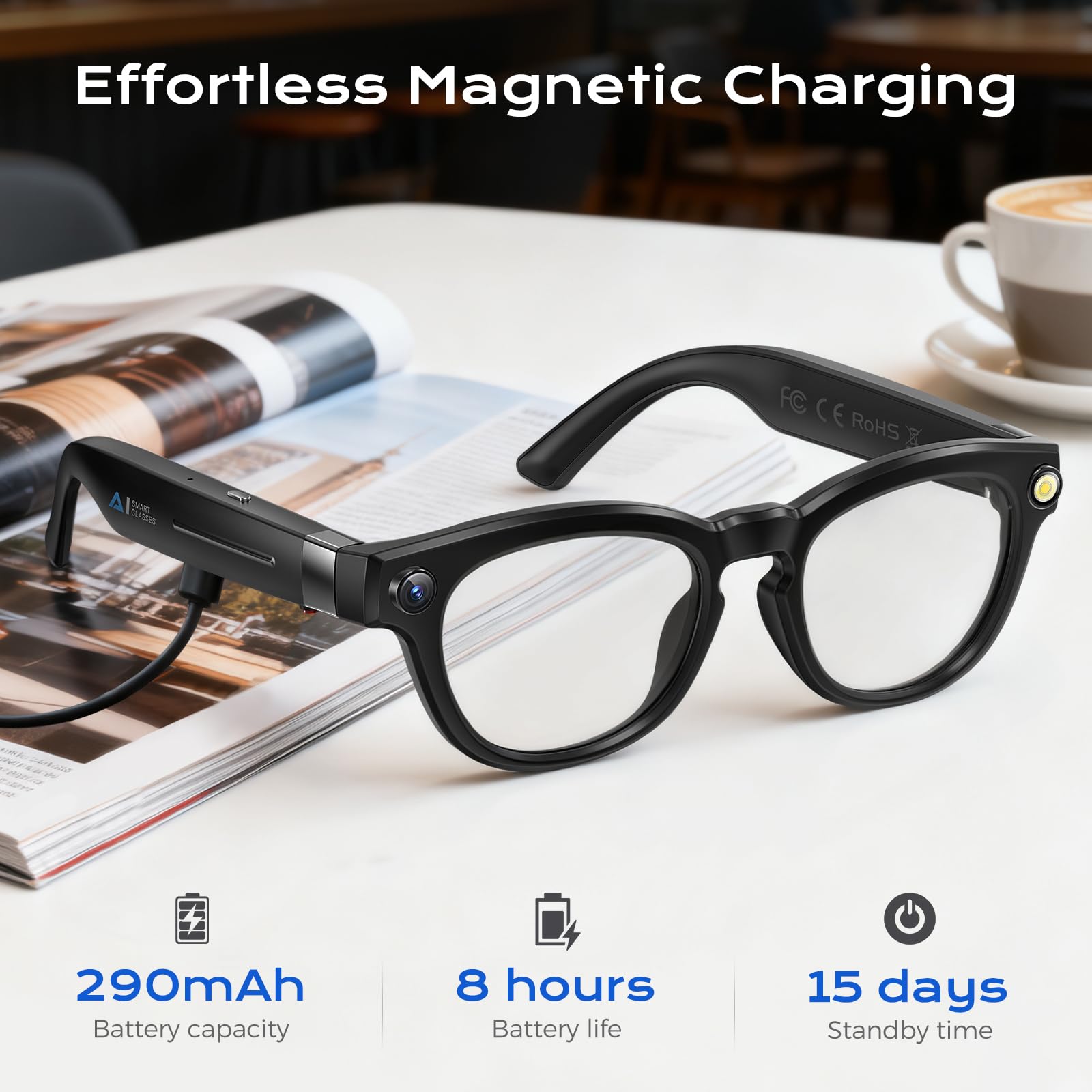 Occhiali Intelligenti AI con Fotocamera 4K, Lenti con Oscuramento Automatico, Assistente AI, Ottimizzazione delle Immagini, Supporto Multilingue, Memoria 32 GB, Batteria 8H, Bluetooth 5.3