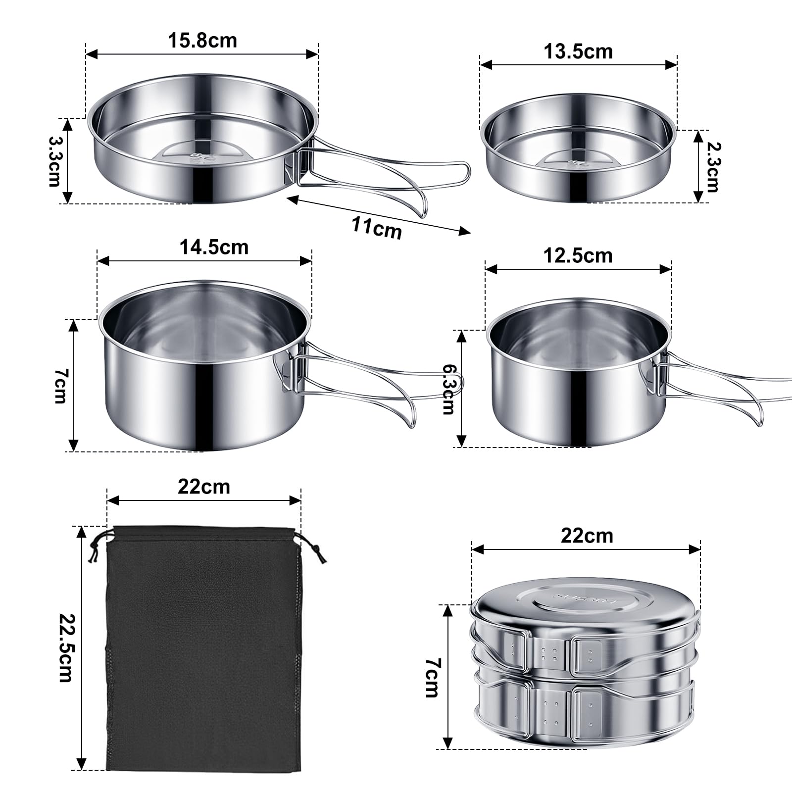 set di pentole e stoviglie da campeggio in acciaio inox 304, padella inclusa, portatile, pieghevole, impilabili, per escursioni, picnic, viaggi
