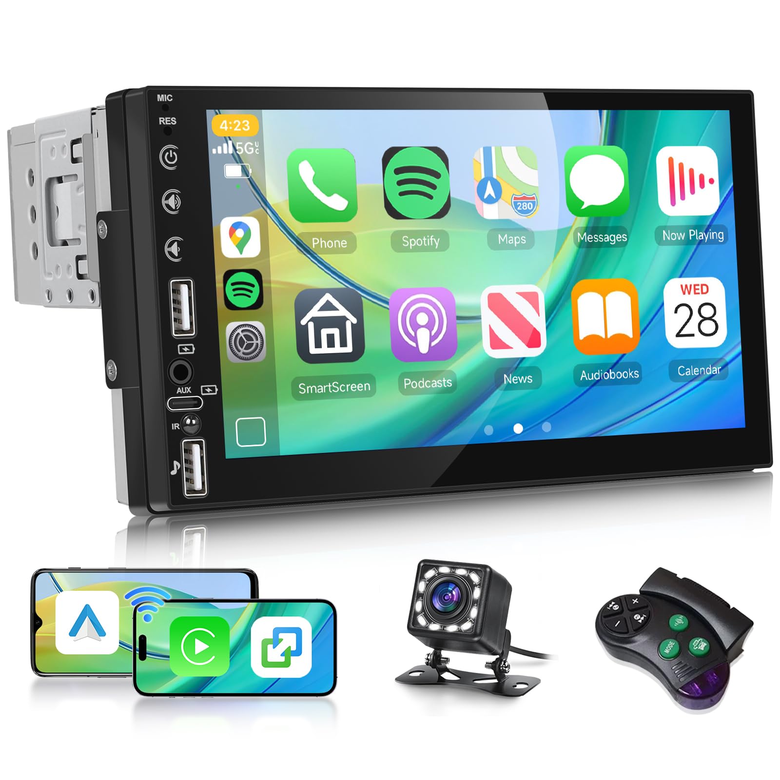 Hodozzy Autoradio 1 Din Carplay sans Fil Android Auto, Écran Tactile de 7 Pouces 1 Din Bluetooth Poste Radio Voiture avec Lecture Vidéo en Ligne, Radio FM, EQ, SWC, Mirror Link, USB/Type-C+ Caméra