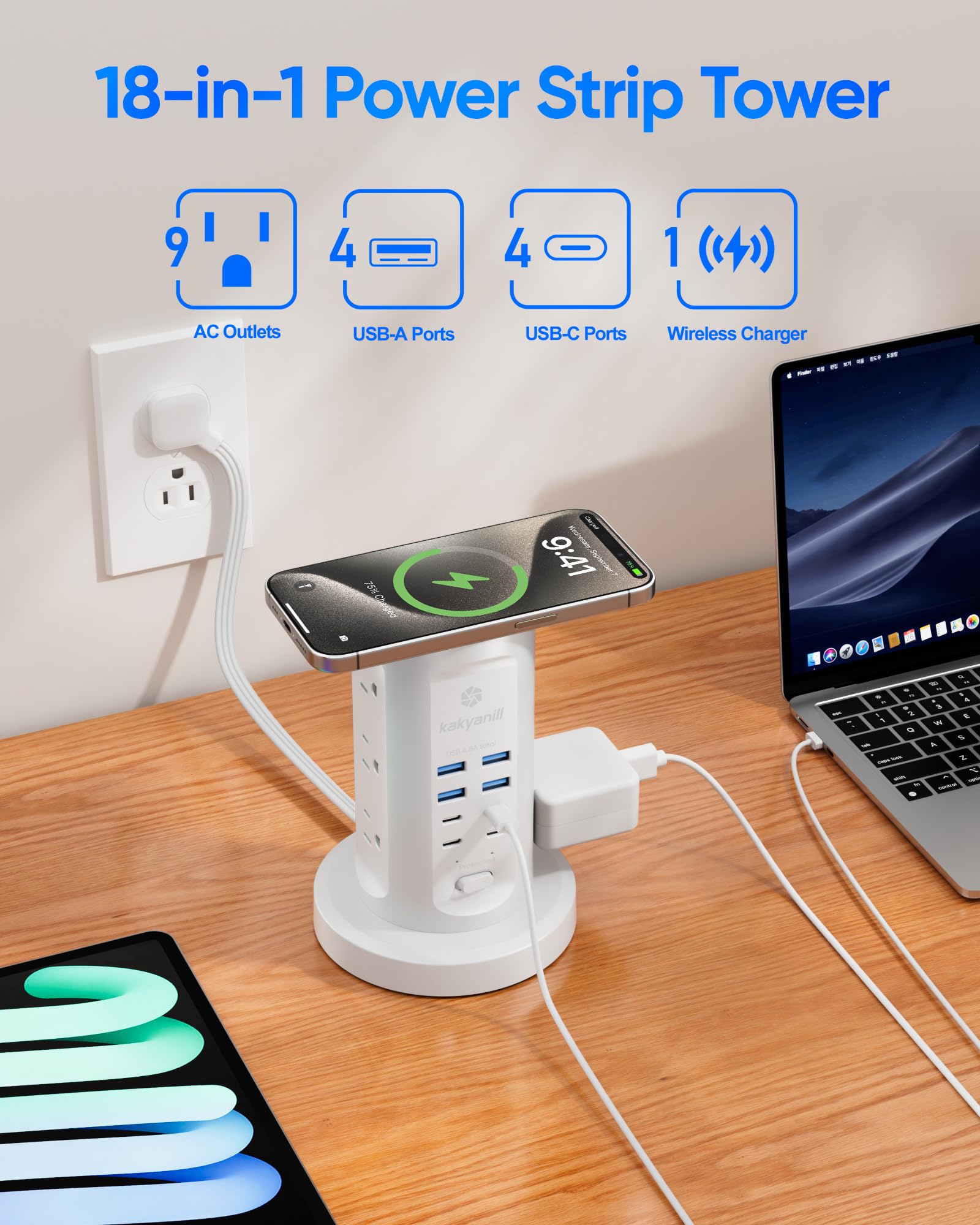 Kakyanill - Wieża przeciwprzepięciowa (9 wyjść AC, 8 USB (4 USB C), wysuwany kabel przedłużający 6 stóp, stacja ładująca do sypialni biurowej, kolor biały