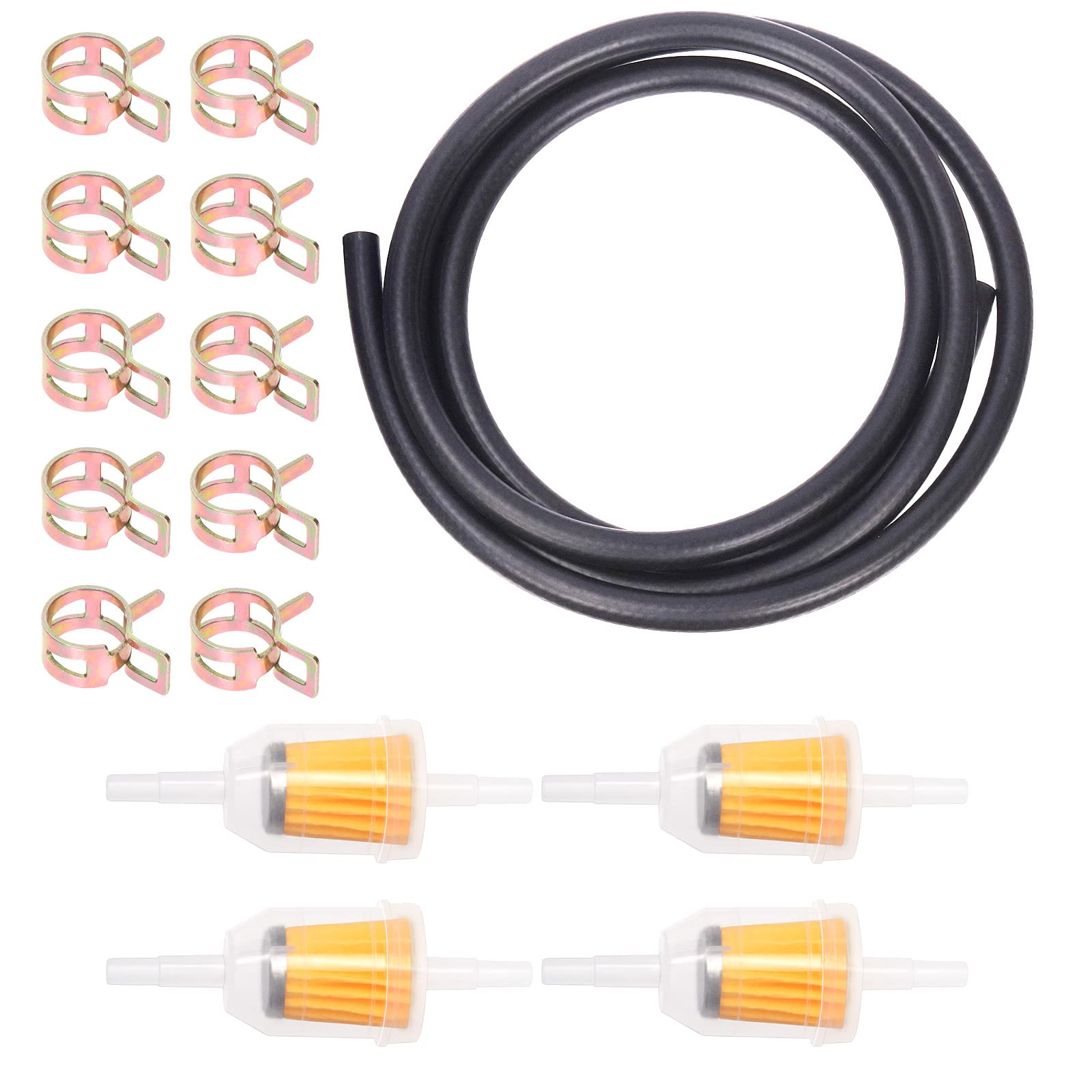 Swpeet 15Pcs 1/4 Inch ID Fuel Line Set, Including 2 Meter -6.5 Feet Length Black Fuel Line Hose with 4Pcs Fuel Filters and 10Pcs Hose Clamps for Small Engines like Tractors Mowing Machine Snow Machine