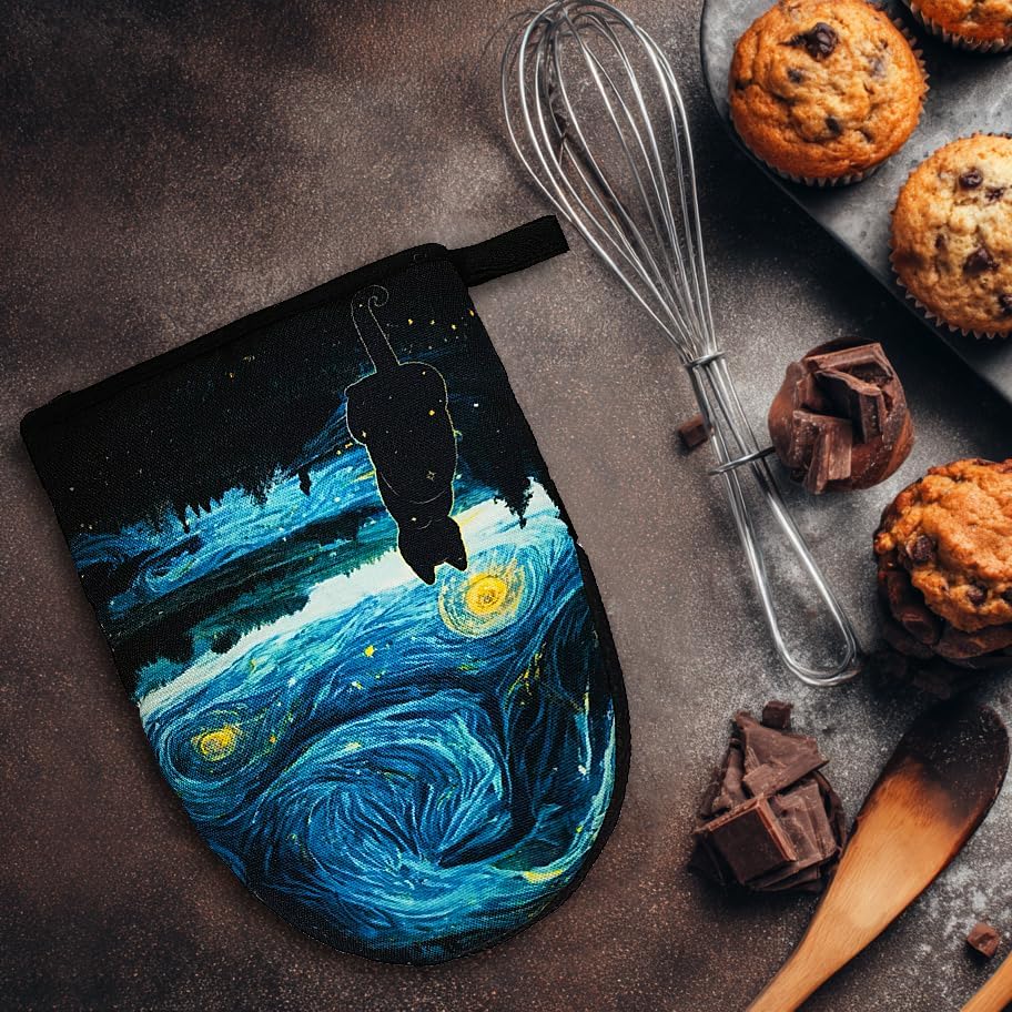 Black Cat Starry Night Oven Mitts, High Heat Resistant Kitchen Oven Gloves, Mini Silicone Oven Mitts, Non-Slip Grip Surfaces and Hanging Loop for Grilling, Baking, Cooking and Microwave, Gift - Image 2