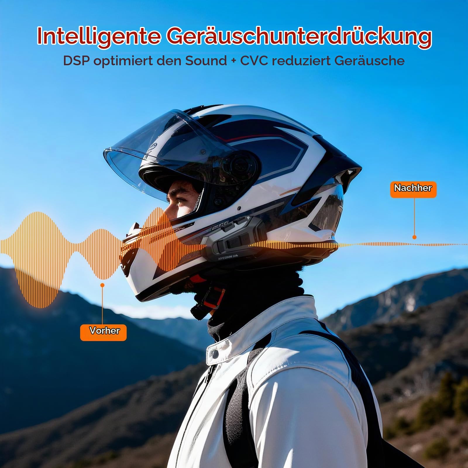 H4 Motorrad Bluetooth Headset 2er Set, Intercom für 4 Fahrer | Helmsprechanlage bis 2000 m, Musik GPS & Intercom gleichzeitig, 35h Akku, DSP CVC Geräuschreduzierung, IP67 wasserdicht