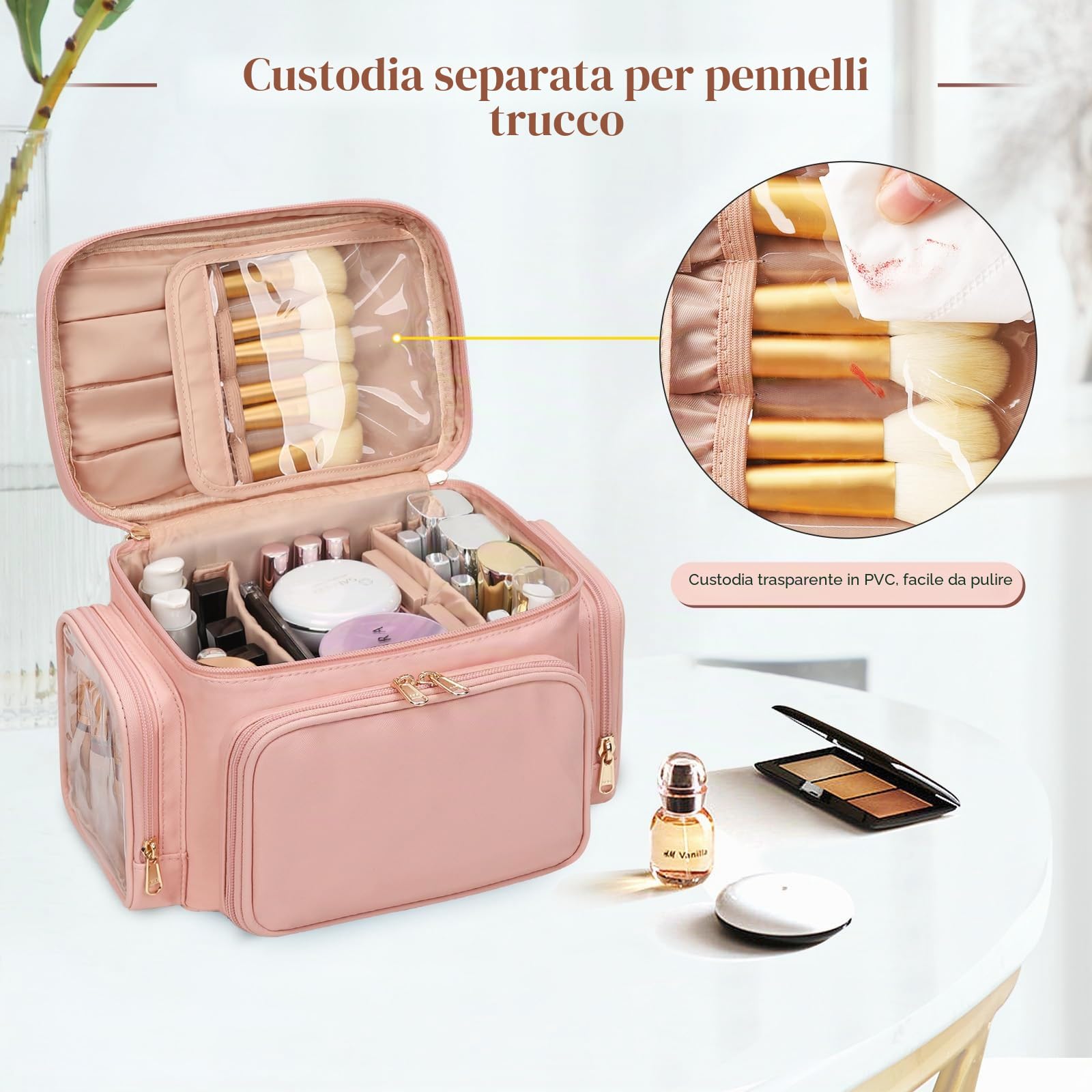 Grande trousse per il trucco da viaggio per donna con scomparto portapennelli, organizer portatile, Rosa