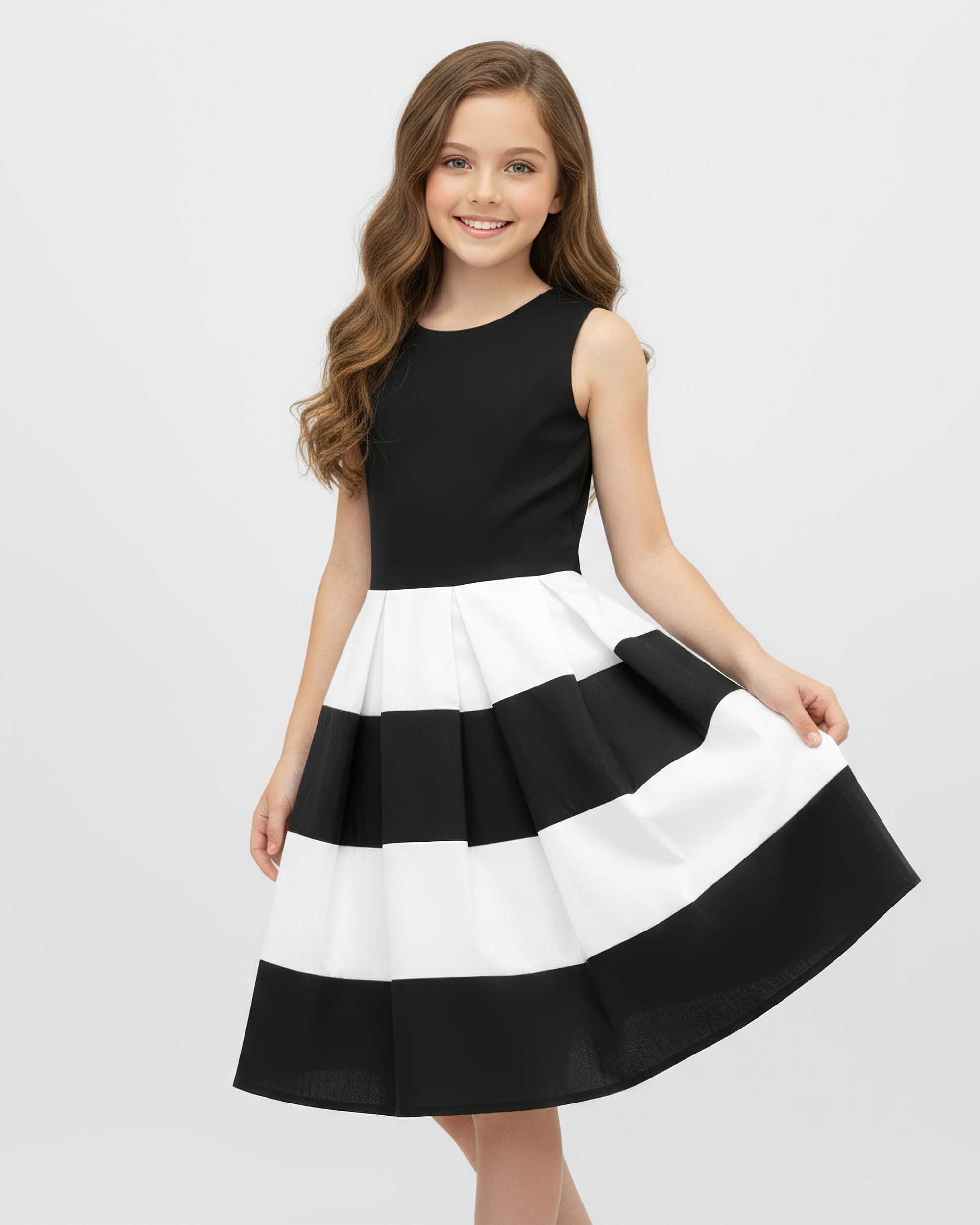 BlackButterfly Vestido Niña Lilly Rayas | Falda Plisada, Cuerpo Liso, Diseño Bicolor, Sin Mangas, Escote Redondo, Forro Interior, Cremallera Trasera, 3-14 Años
