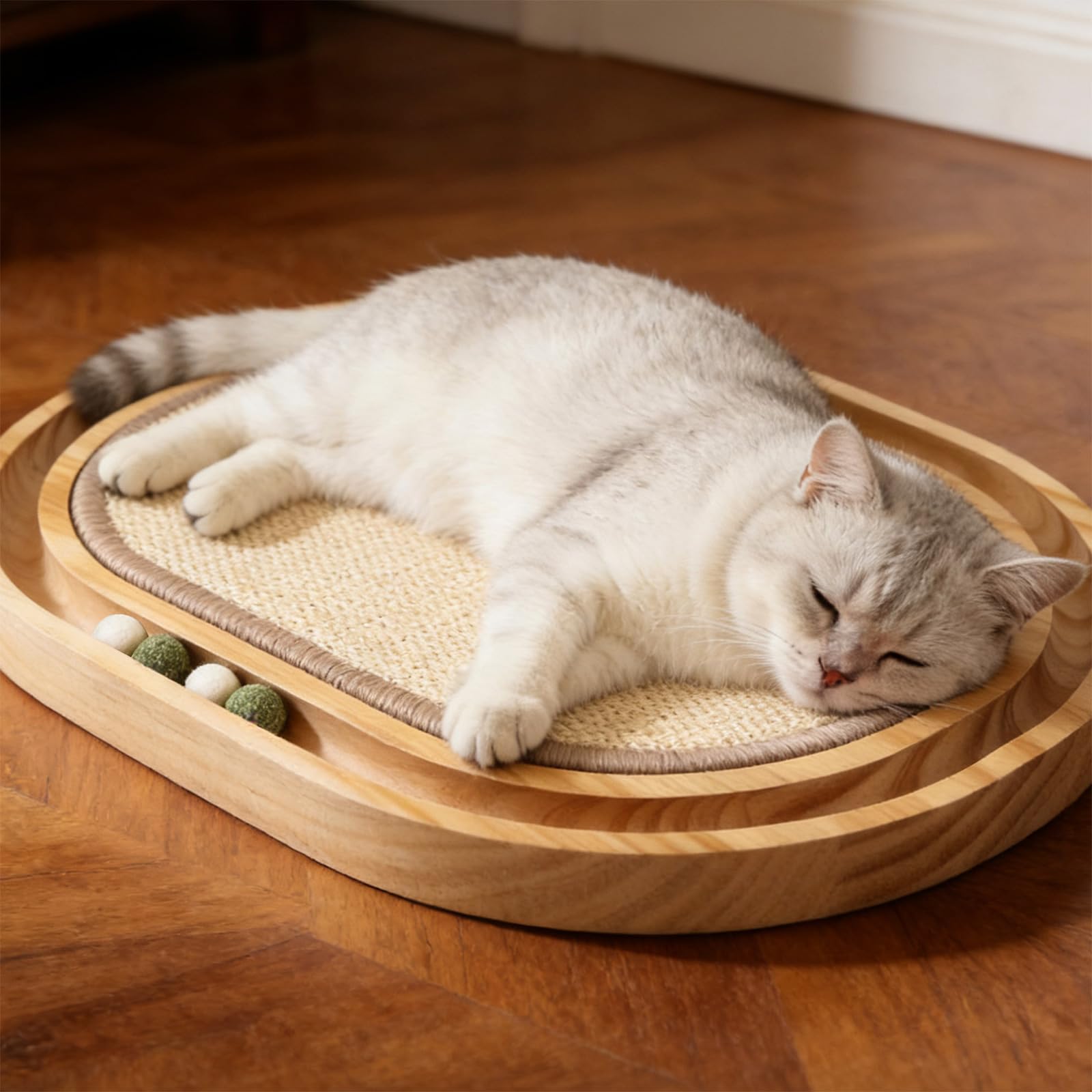 HLSM KJ - Rascador de sisal para gatos, almohadilla rascadora de sisal Natu, bola de juguete interactiva de madera para gatos, bola de hierba gatera, para perseguir gatos, caza, rompecabezas de