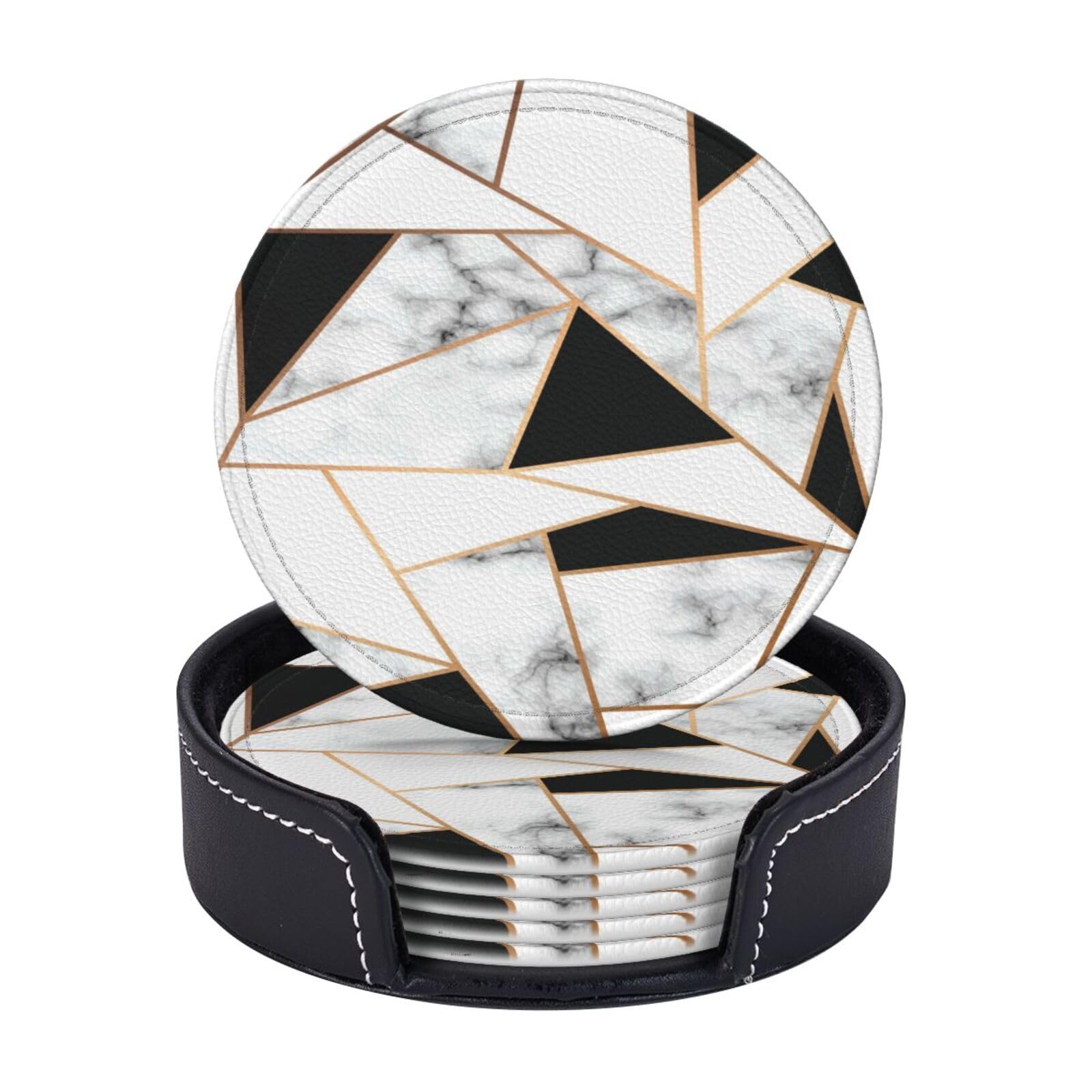 AUGUSTRUSH Round PU Leather Coasters Set of 6, Black White Marble Texture Print coaster with Storage Box, Heat-Resistant Non-Slip Drink Pads for Kitchen Desk Office Dining Table