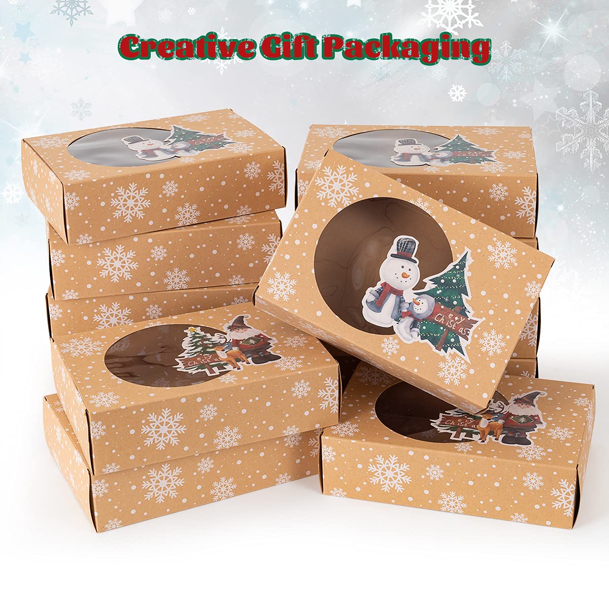 12 Pièces Boîtes à Biscuits de Noël Papier Kraft avec Fenêtre Transparente, Boîtes à Biscuits de Noël avec Rubans de Noël Boite Pâtisserie pour Donut, Mini Gâteau, Pâtisserie, Dessert, Bonbons