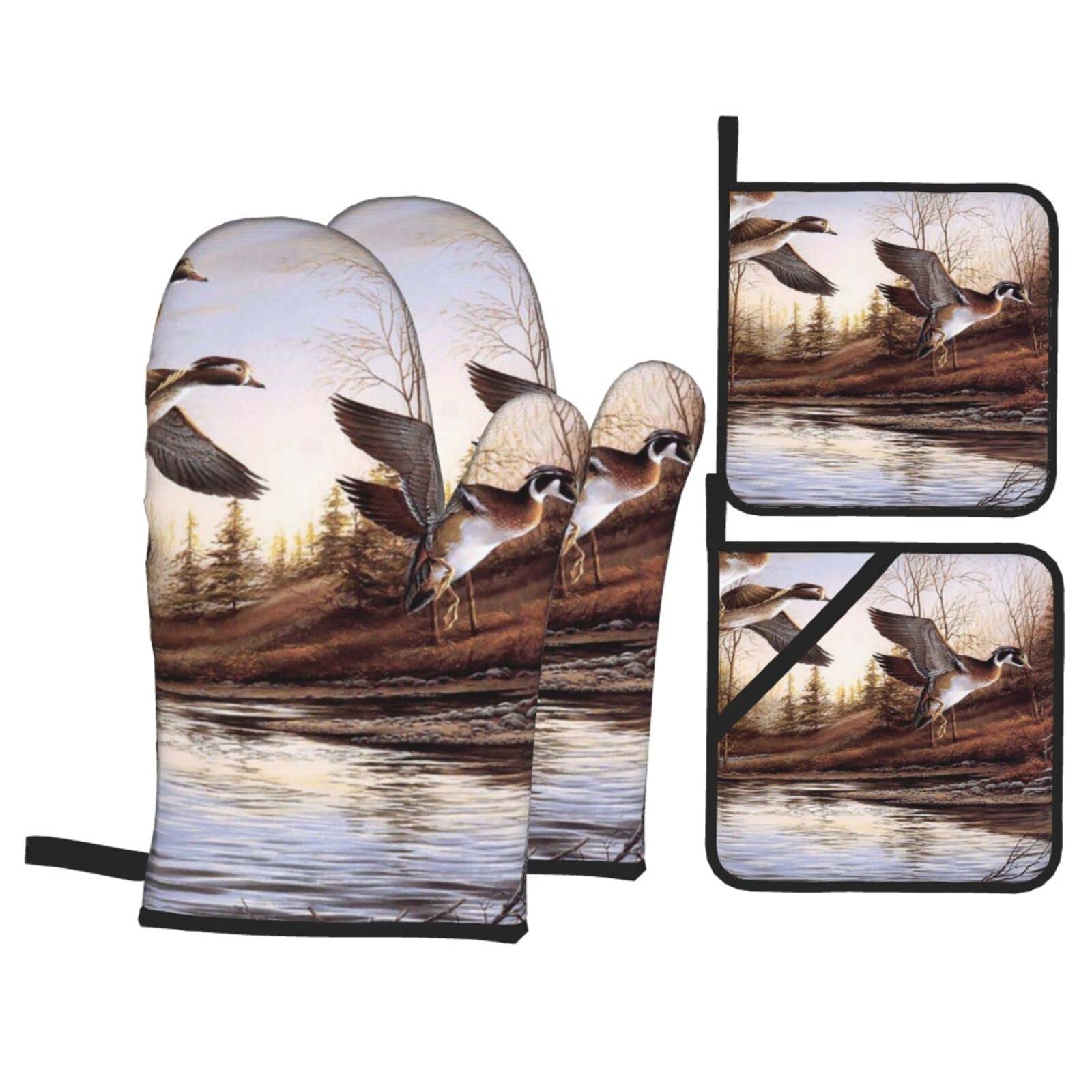 Mallard Ducks Print Kitchen Baking Four Piece Set of Heat Resistant Thick Cotton Oven Mitts for Cooking, Baking and Grilling