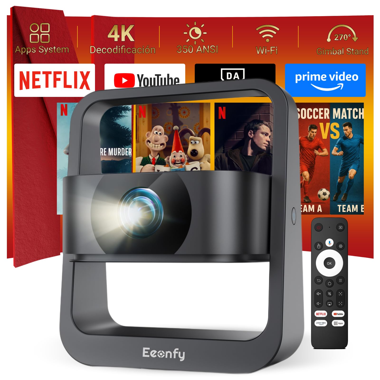 [Netflix Integrada] Eeenfy Proyector Portátil, Proyectore TV con 350ANSI, 1080P Soporte, E-Focus/Keystone, Proyectores WiFi Bluetooth, Projector Video 4K Soporte para Cine en Casa, Venus V1 pro, Negro