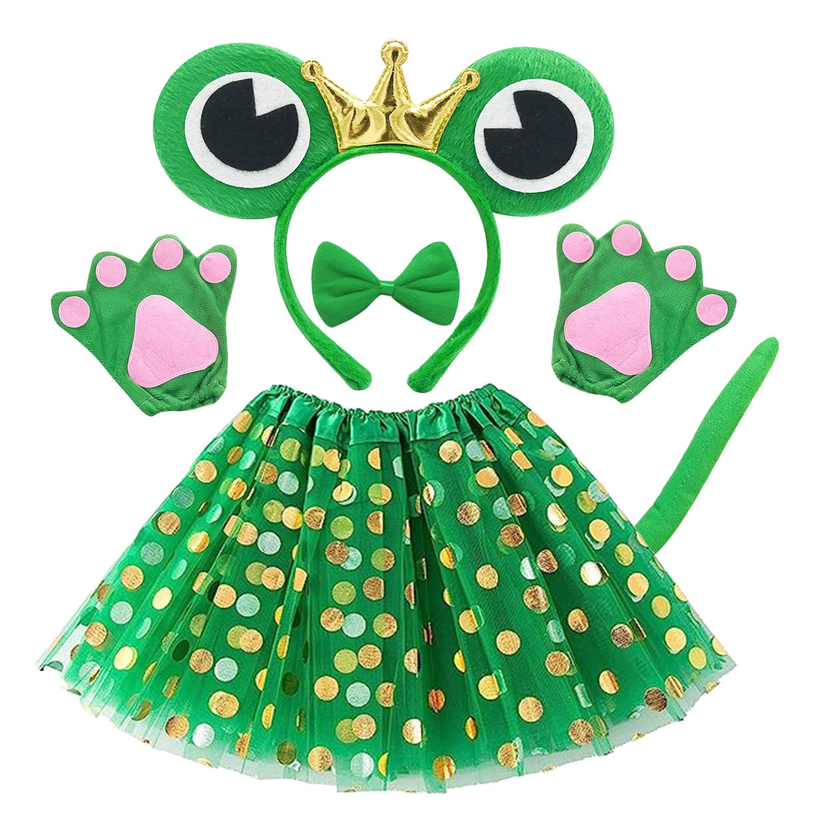 EUPSIIU 6 Pieces Frog Costume Set for Kids Girls Included Frog Ears Headband Bow tie Frog Tail Paw Gloves Princess Tutu Animal Costume Children Fancy Dress Up Cat Cosplay Halloween Carnival (Green)