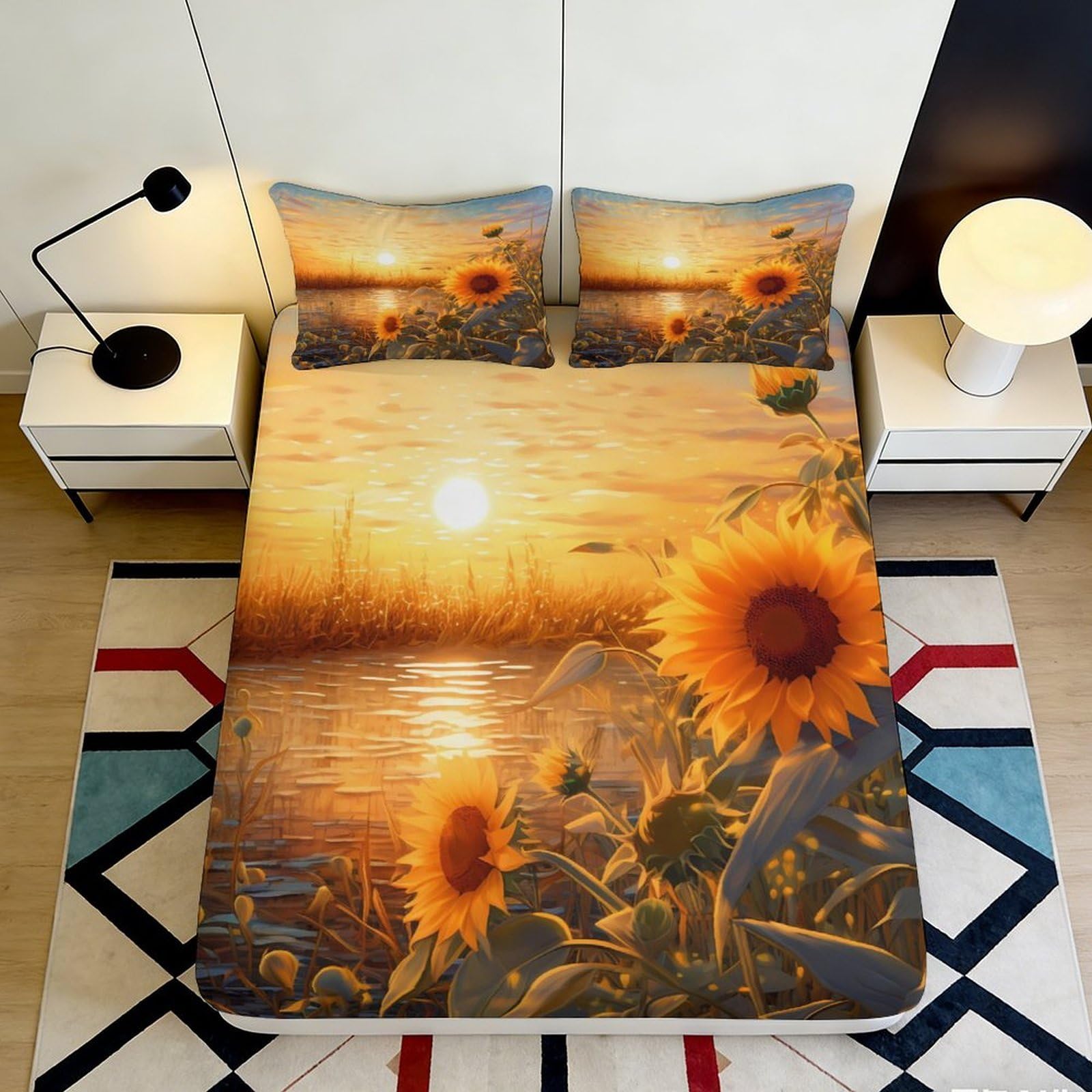 3D Printed Sunflower Sunset Fitted Sheet Microfiber Soft Breathable Golden Floral Bed Cover for Bedroom Dormitory Guest Room Mattress Protection Decor 140x200x25cm