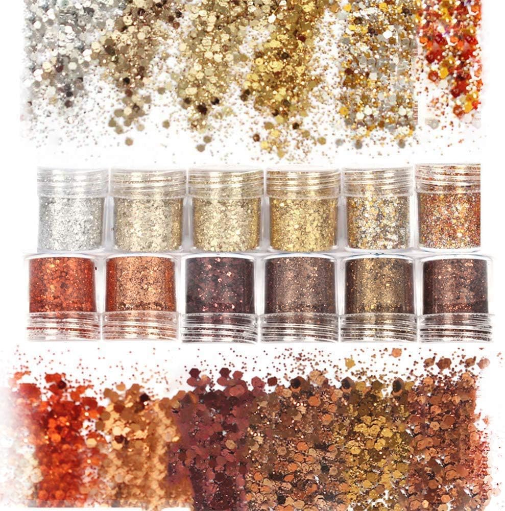 Nail Glitter, 12 Colors Glitter Nail Art Acrylic Nails Powder Mixed Sequins, Retro Copper Iridescent Flake Paillette Sparkle Tip 120g for Gel Polish, Face, Eyes, Body, Hair, Jewelry, Resin