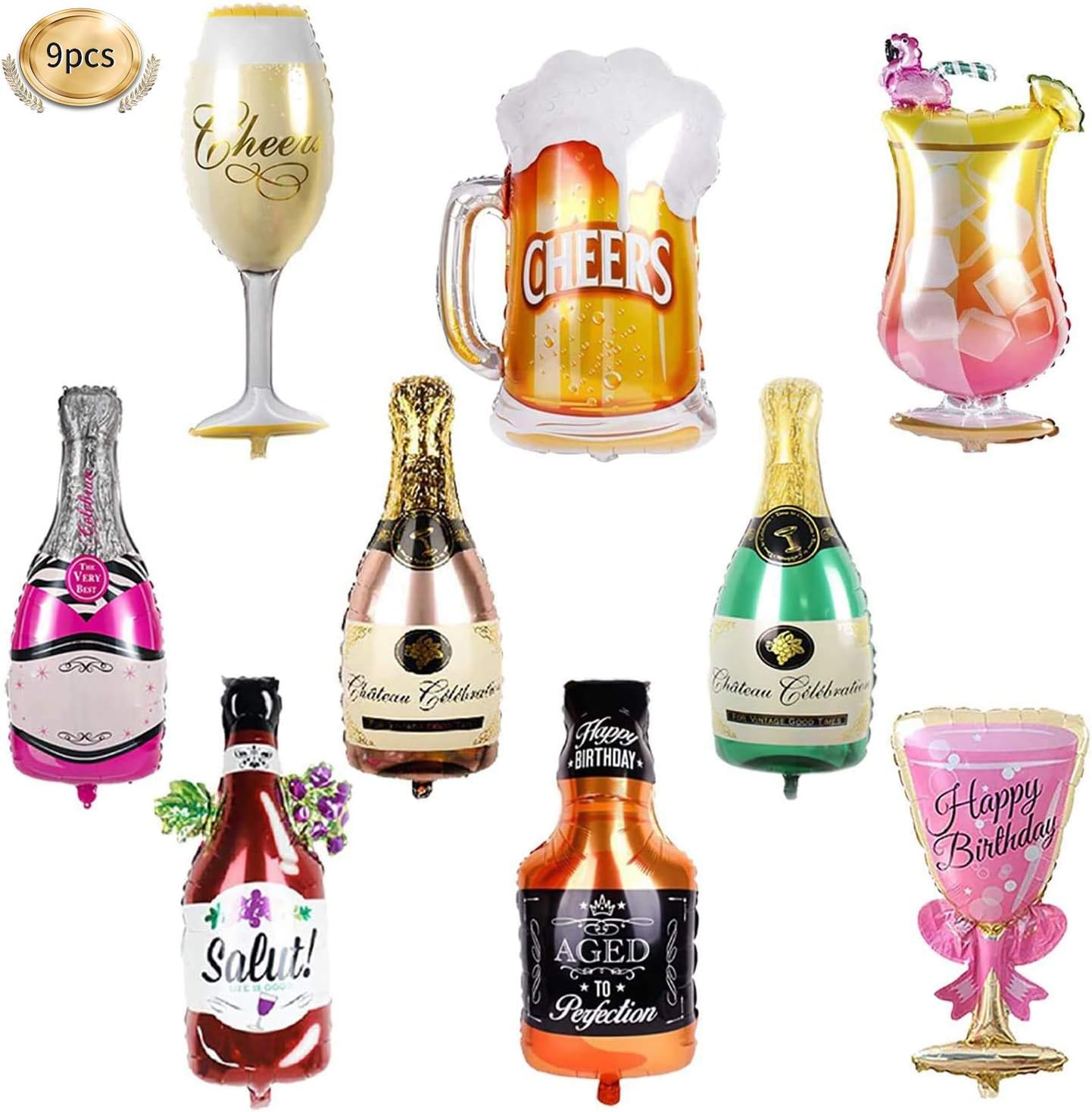 Party Decorations Kit, 9PCS Foil Balloons Birthday Party Decoration Supplies Champagne Beer Whiskey Bottle Wine Glass Helium Mylar Balloon Carnival Adult Party Supplies for Wedding Halloween Festival