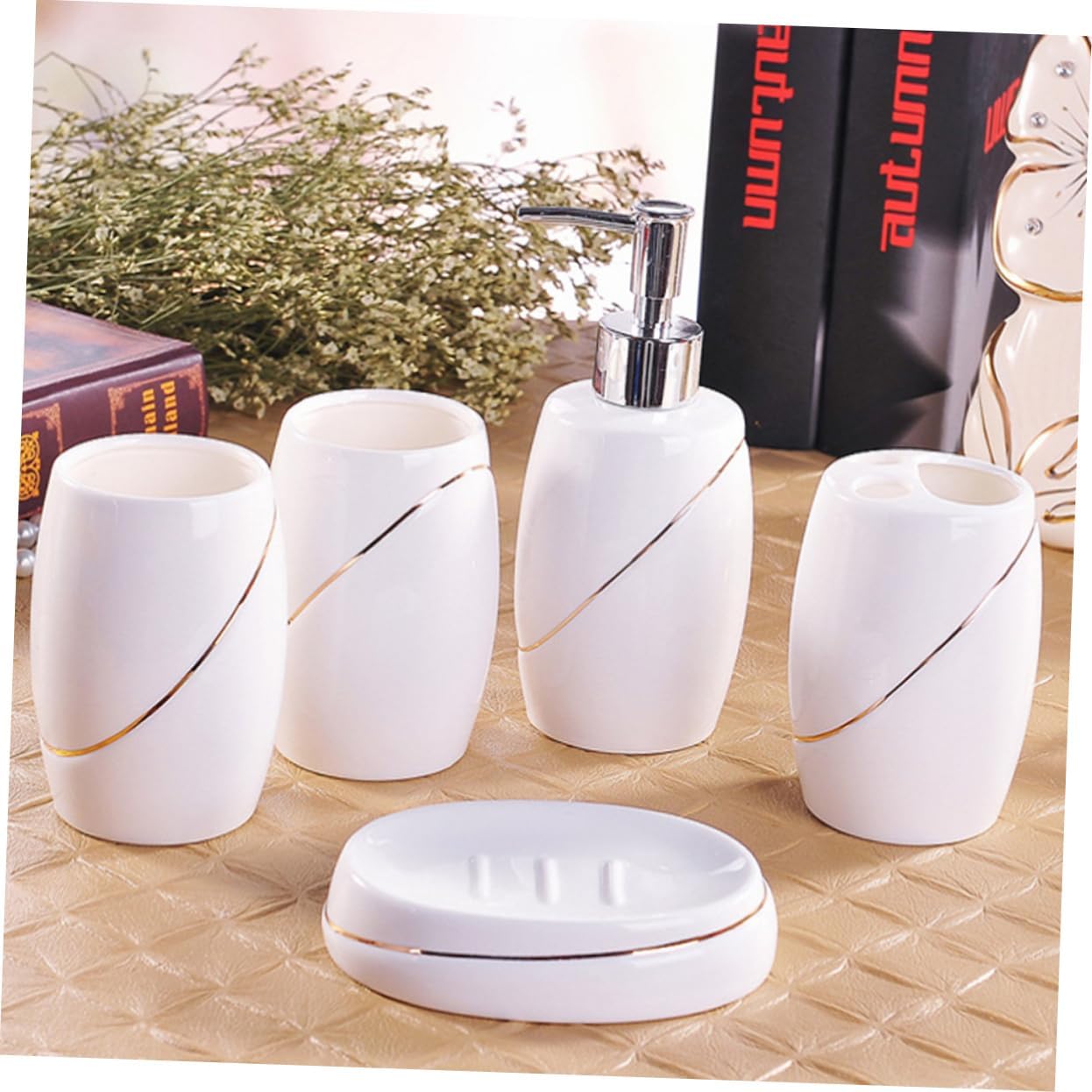 5-Piece Ceramic Bathroom Accessories Set Toothbrush Holder Soap Tray and Gargle Cups for Home and Travel