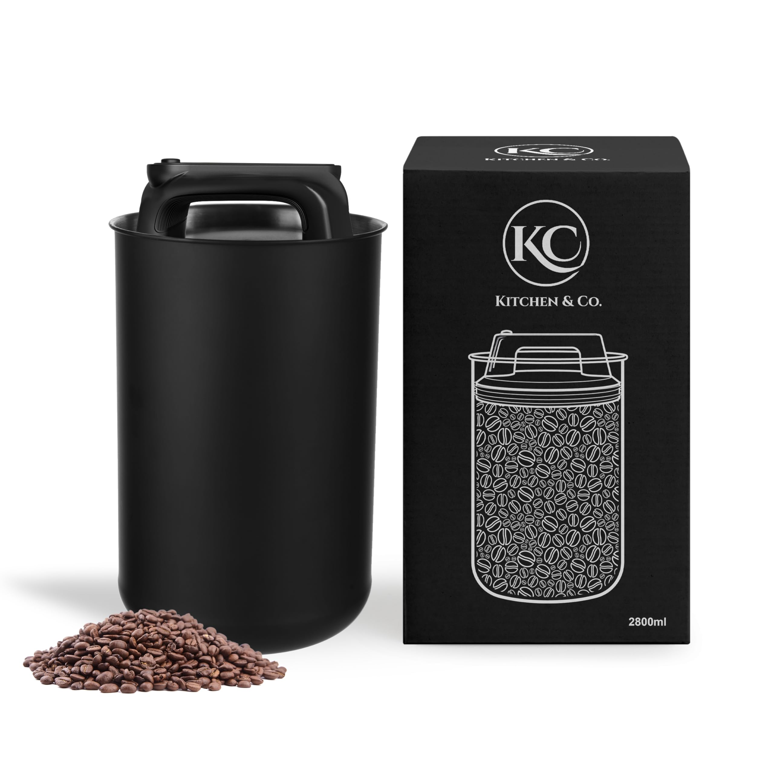 KC Kitchen & Co. Coffee Can Airtight for 1 kg Coffee Beans with Vacuum Lid (Holder for Coffee, Tea, Stainless Steel Storage Tin, Aroma Close, Storage Tin, Matte Black, 2800 ml
